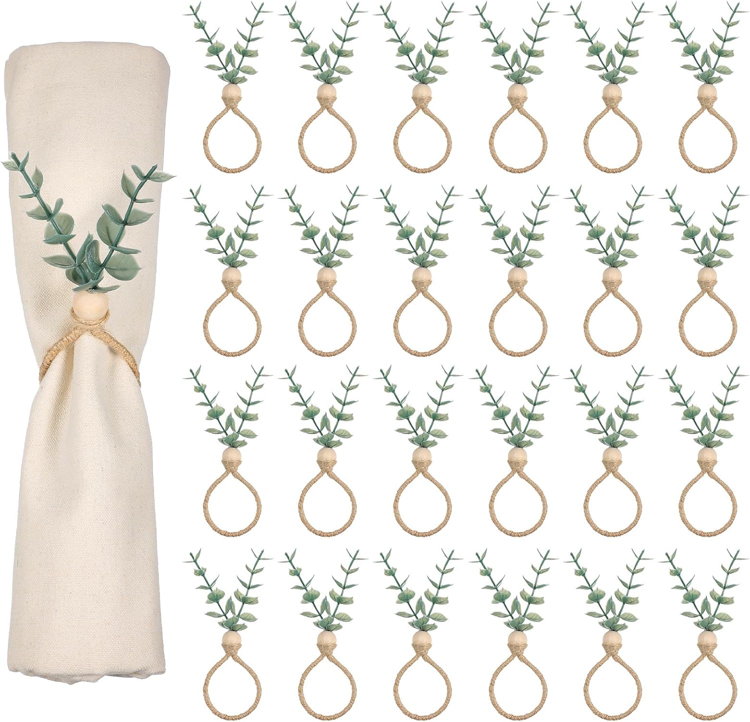 24 Pcs Napkin Rings with Artificial Eucalyptus Leaf Wood Bead Jute Rope for Christmas Farmhouse Wedding Home Dining Table Party Decoration