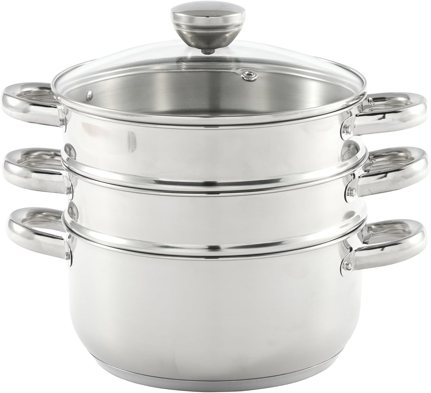 IMUSA 3Qt Stainless Steel Steamer Pot with Glass Lid, Polished Finish Cooking Pot, Multi Tier Steaming Cookware for Vegetables, Dumplings, Tamales, Soups, Rice, and Hispanic Recipes