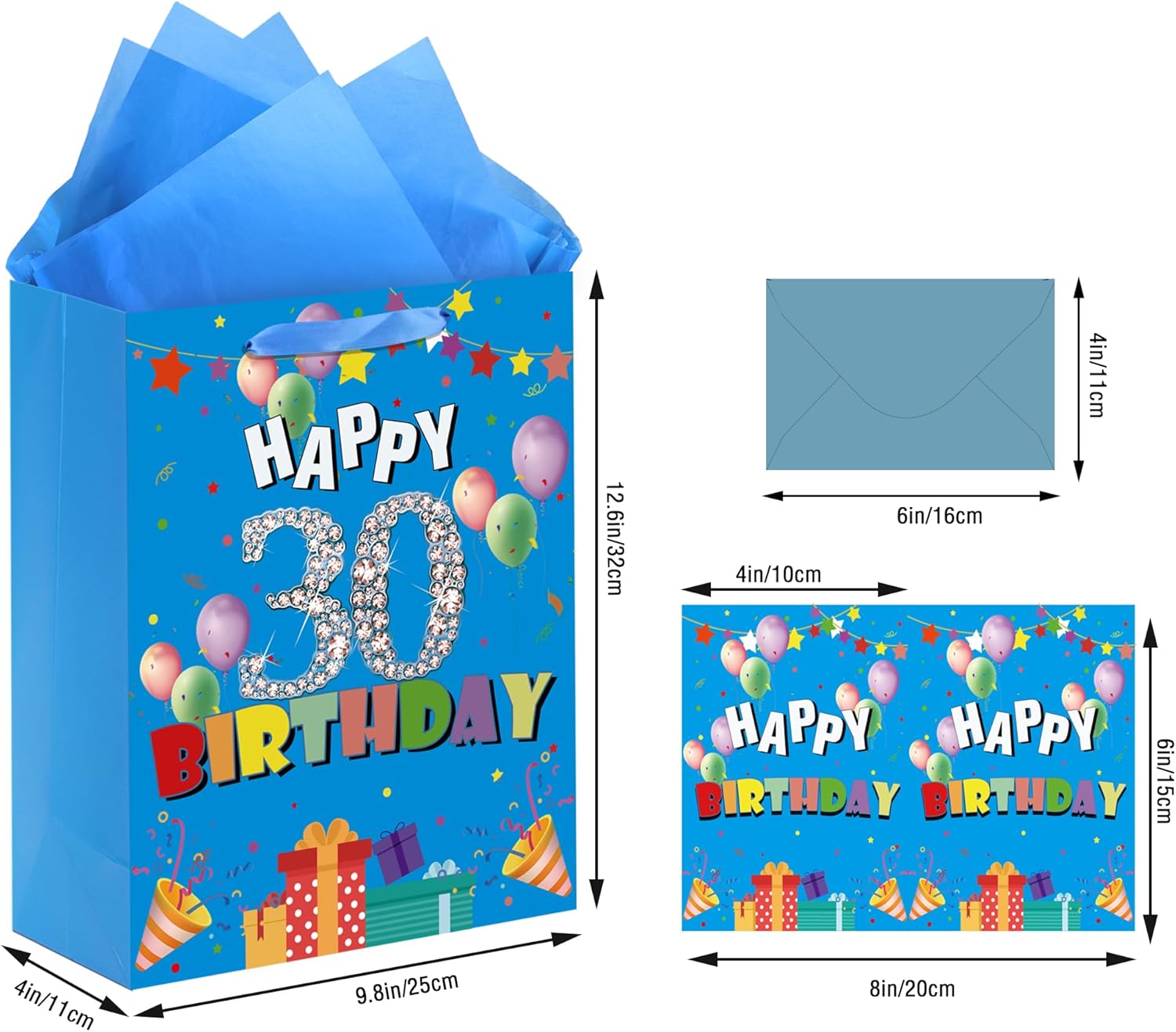 30th Birthday Gift Bag, Happy 30th Birthday Bag with Tissue Paper and Greeting Card, Gift Wrap Bag for Men Women, Medium Gift Bags for Party Supplies (30th) - Image 2