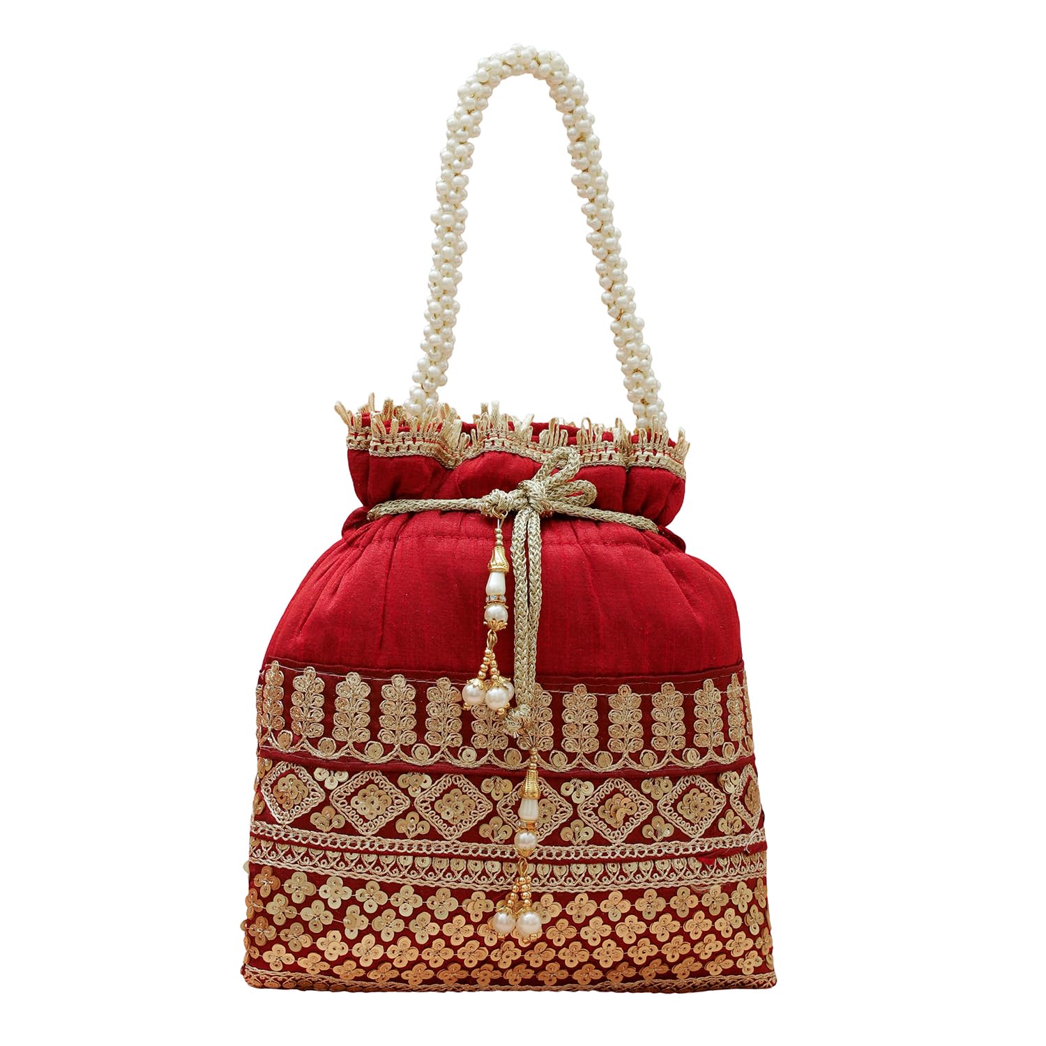 Potli Bag Red & Gold Embroidered Ethnic with Pearl Beaded Handle Gift for Women & Girls-image-26