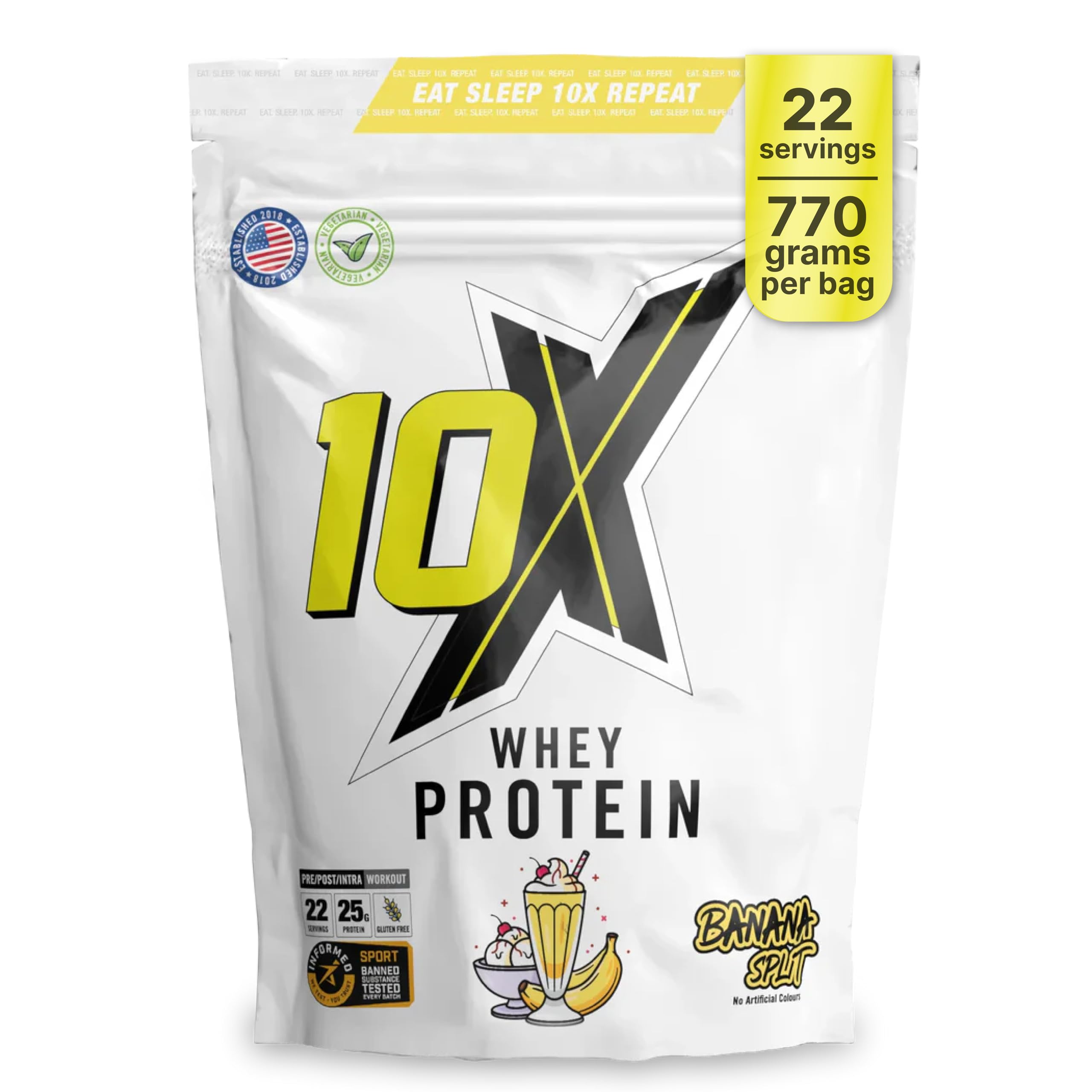 10X Athletic Whey Protein Powder - Banana Split, 770g (22 Servings), Low-Calorie, Gluten-Free & Vegetarian, Fast Absorption for Muscle Recovery, Ideal for Weight Loss & Training