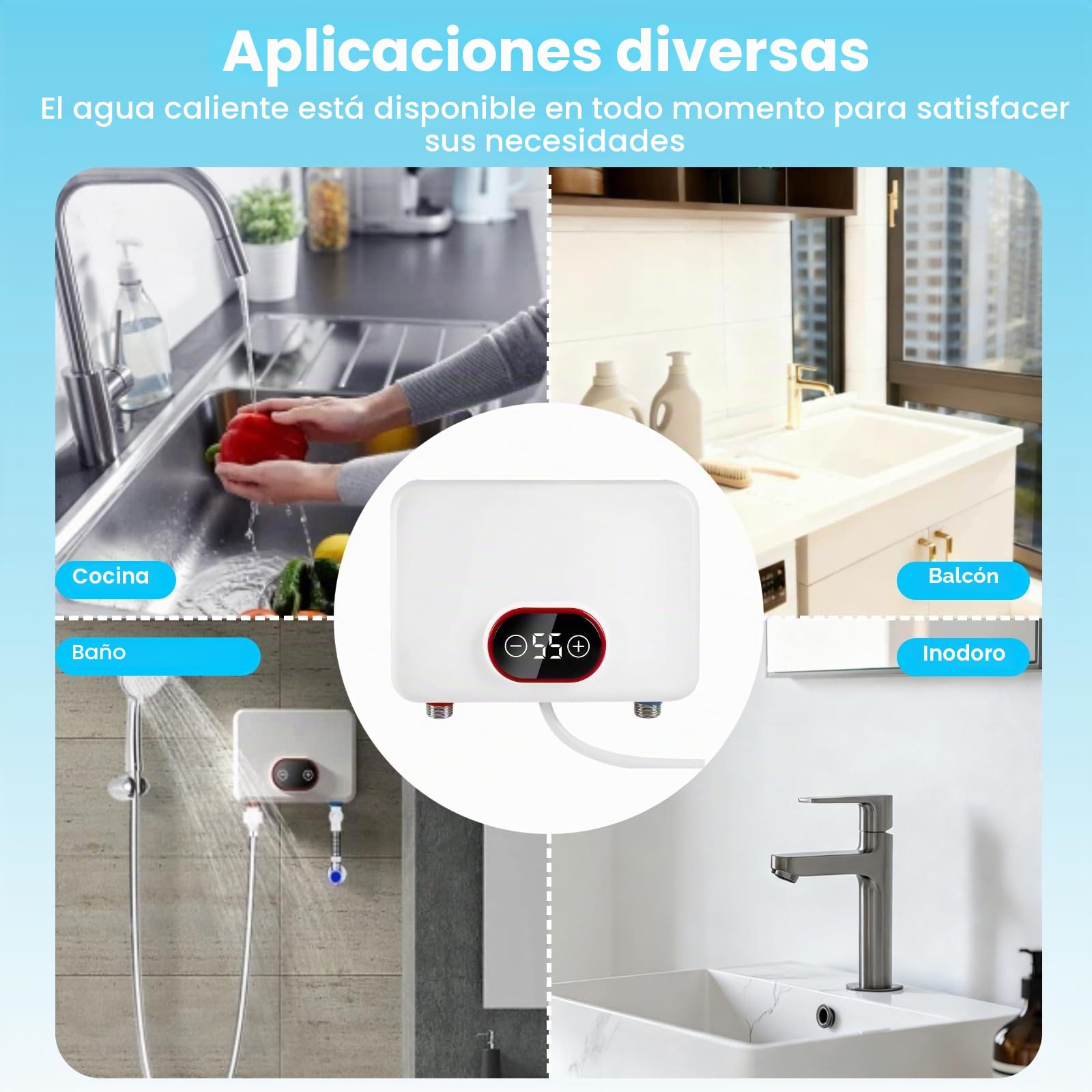 Mini calentador de agua, 3500-5500 W, 220 V, protección IPX4, con indicador de temperatura LED, Plug and Play, agua caliente para ducha, cocina, baño