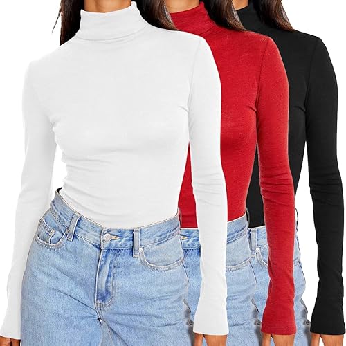 SUNBS Camisas de manga larga de cuello alto para mujer, 3 piezas, cuello alto, moda de otoño, 2023, ajuste delgado, ropa interior térmica de invierno