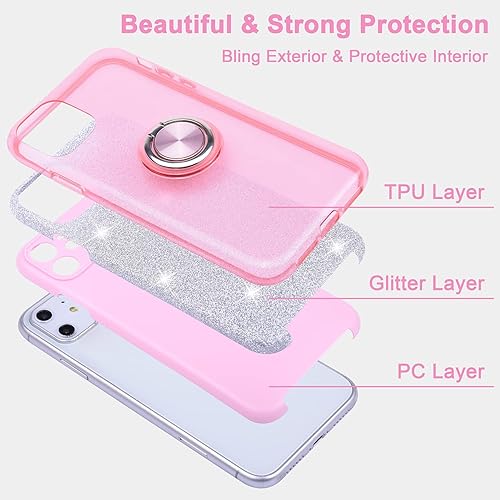 Miniatura 3 de Wisdompro Funda con purpurina para iPhone 11, bonita carcasa brillante con soporte de anillo, funda protectora para teléfono para mujeres y niñas