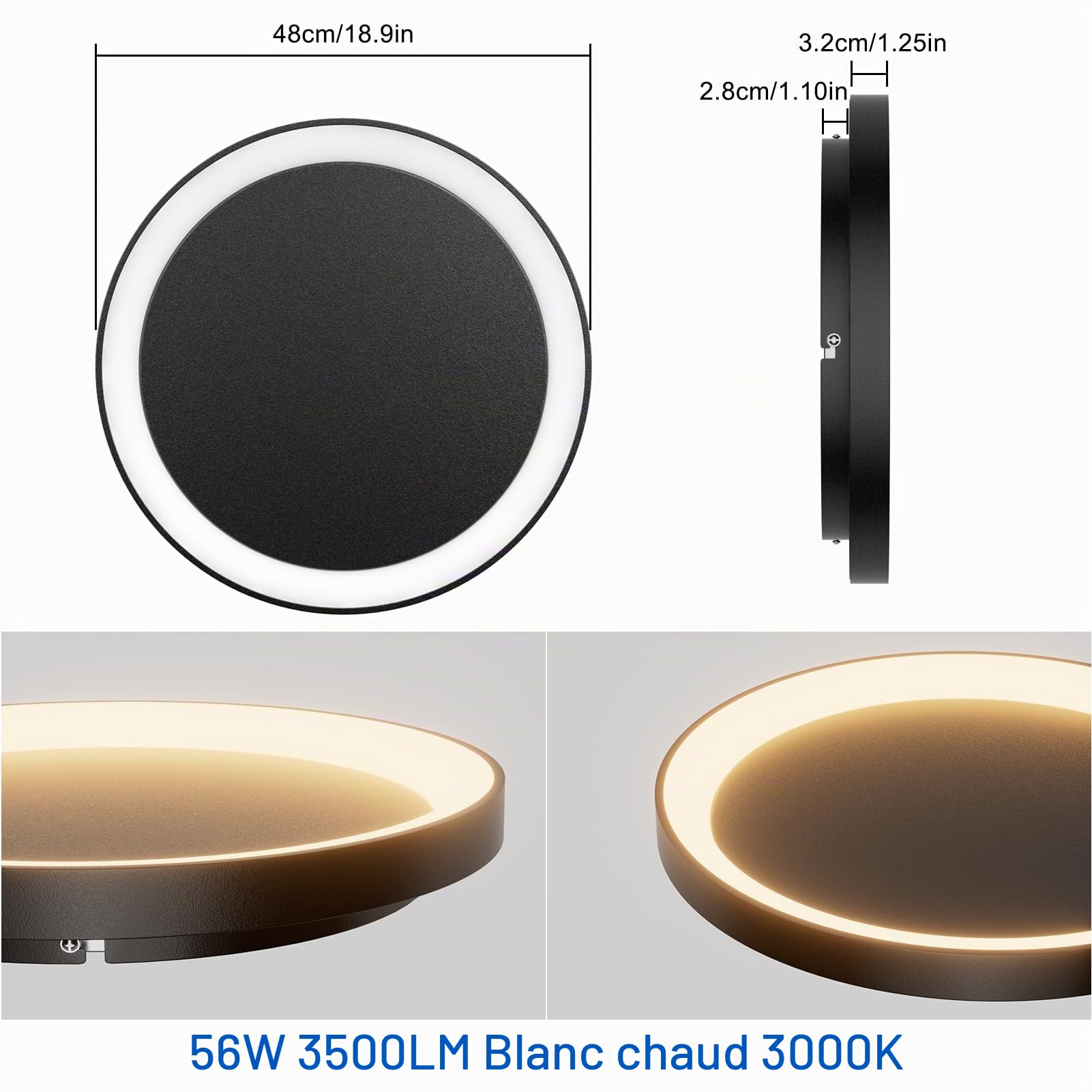 Klighten Plafonnier LED Rond 56W 3500 Lumen, Lampe de Plafond Design en Métal, Luminaire Plafonnier Moderne pour Couloir Chambre Cuisine Salon, 48cm, Blanc Chaud 3000K, Noir