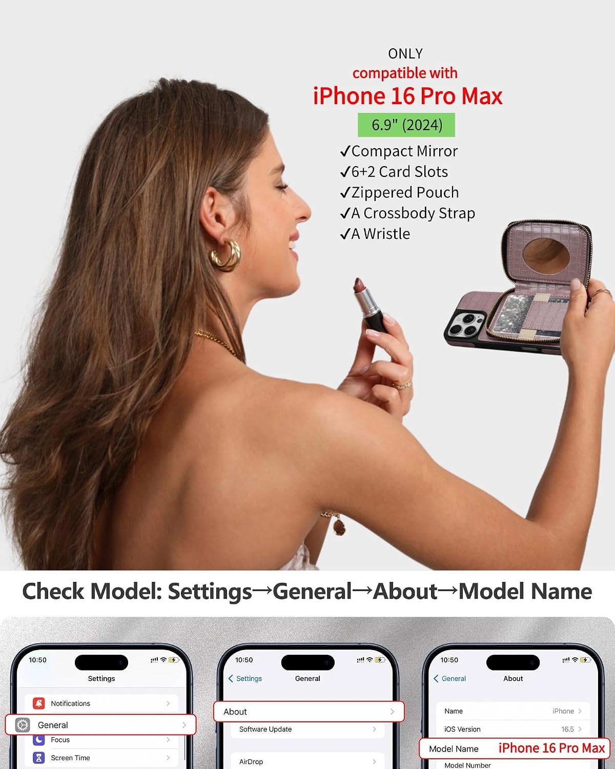 Crossbody Mirror Case Wallet for iPhone 16 Pro Max with Strap, Card Holder Kickstand, Zippered Purse Phone Cover for Women - 6.9", (Rose Gold)
