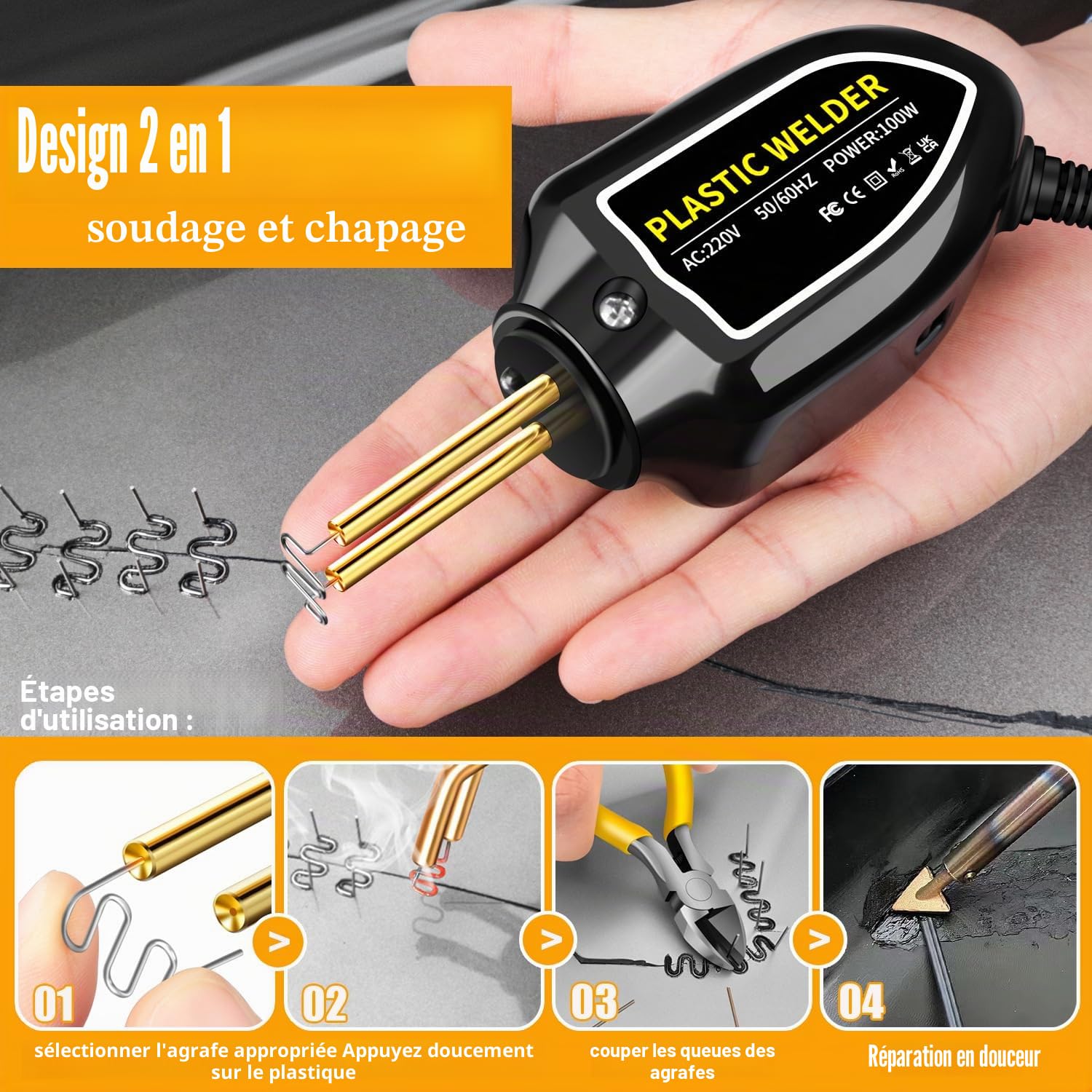 Machine de soudage en plastique 100W, kit de réparation de pare-chocs de voiture, agrafeuse à chaud avec 200 clous de soudage, plat/coin extérieur/coin intérieur/boucles