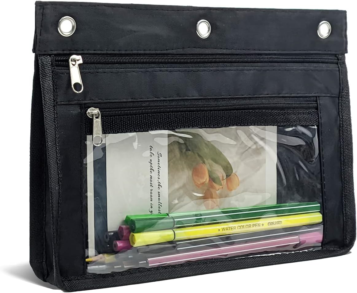 YoeeJob 1 Pack Pencil Pouch for 3 Ring Binder, Expandable Binder Pouches with Zipper, Large Capacity Pen Holder Case with Clear Window School Class Office Organizers, Black