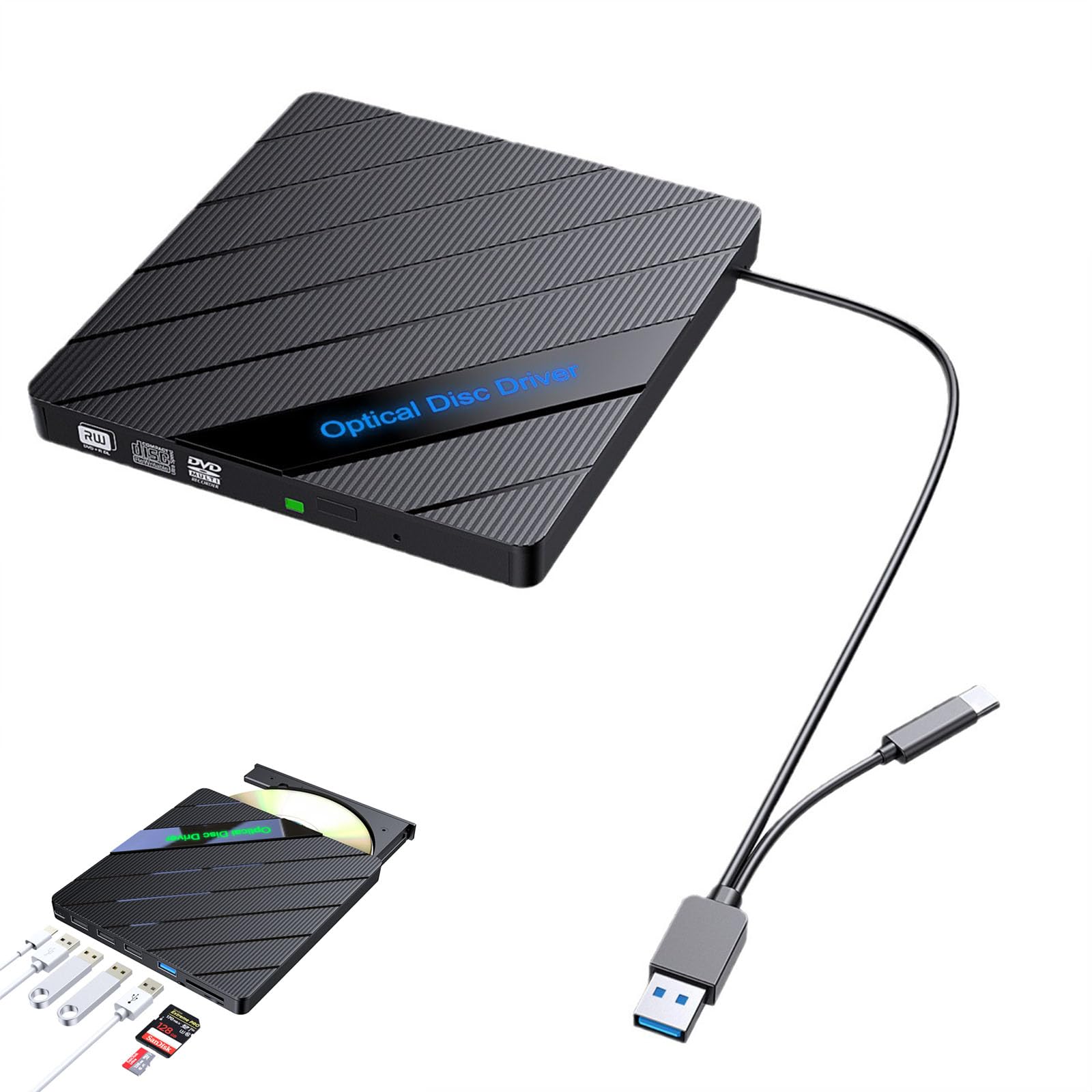 Graveur De CD Portable Rapide USB 3.0 Hub Multi-Ports pour Mac et Windows - 8