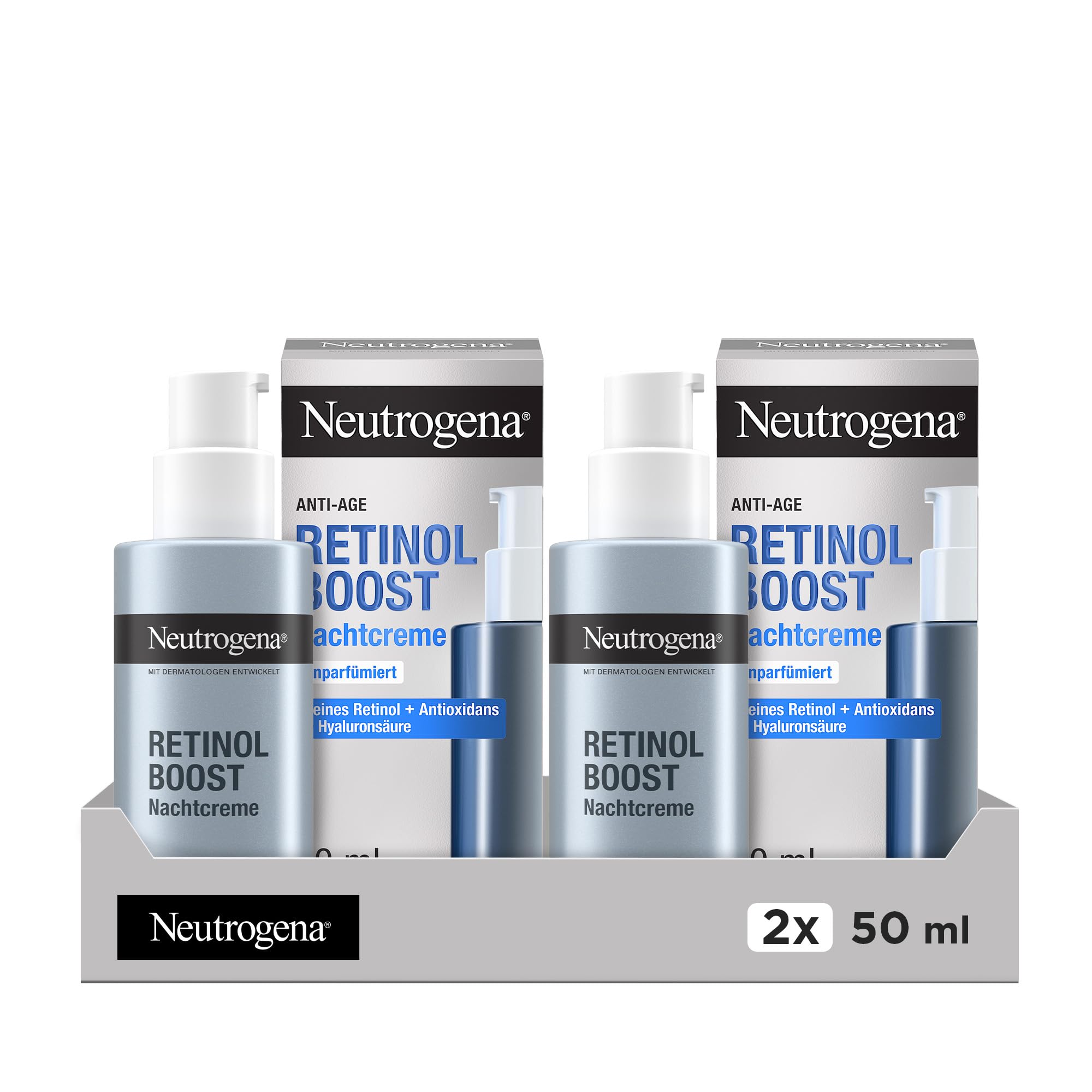 Neutrogena Retinol Boost Nachtcreme (50 ml), leichte Anti Aging Gesichtscreme mit Retinol, feuchtigkeitsspendende Gesichtspflege bekämpft sichtbare Zeichen der Hautalterung (Packung mit 2)