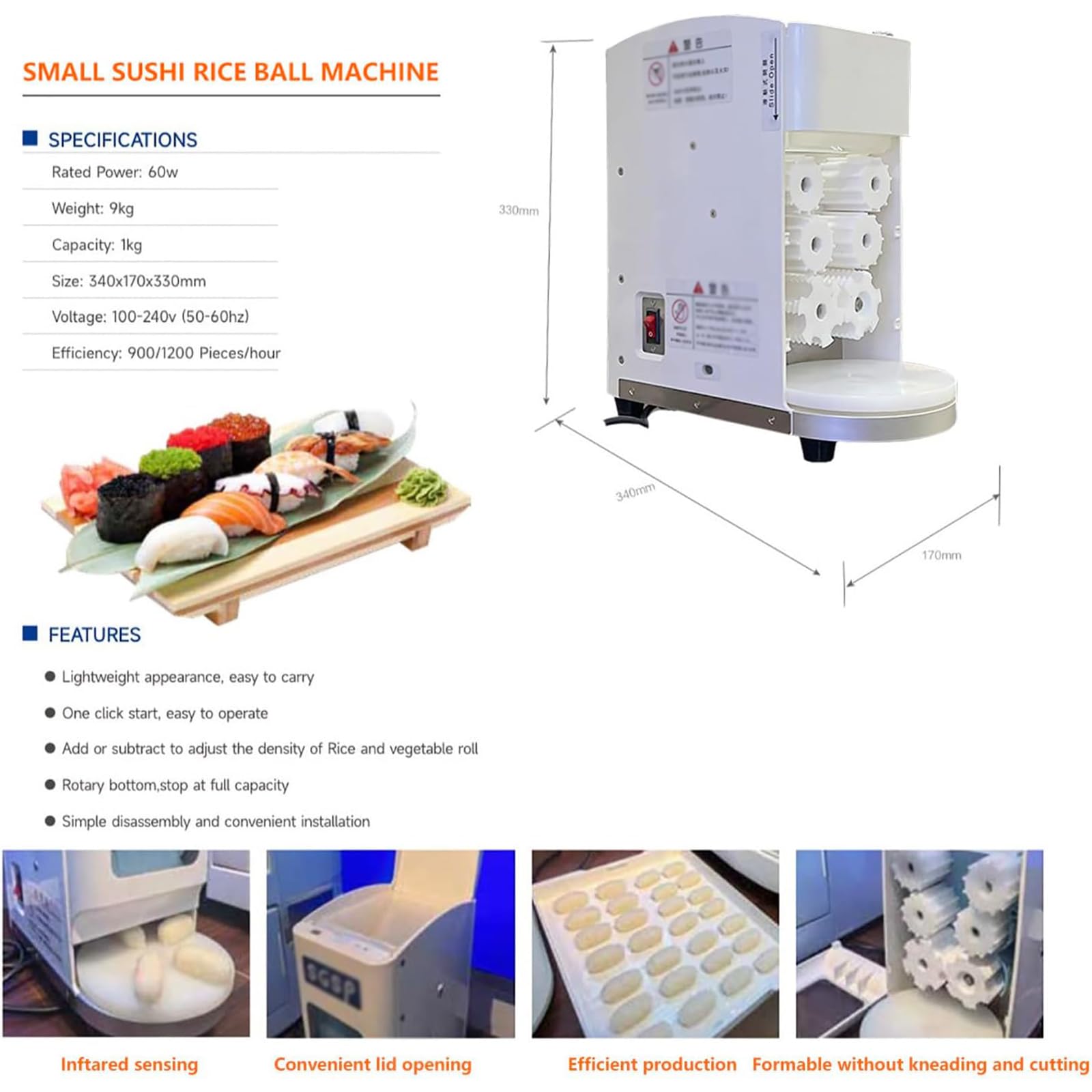 Macchina Per Nigiri Sushi Giapponese, Macchina Automatica Per Palline Di Riso Con Stampi Da 20 G, Produzione Ad Alta Efficienza Da 1200 Pezzi/ora, Densità Del Riso Regolabile, Per Ristoranti Di Sushi