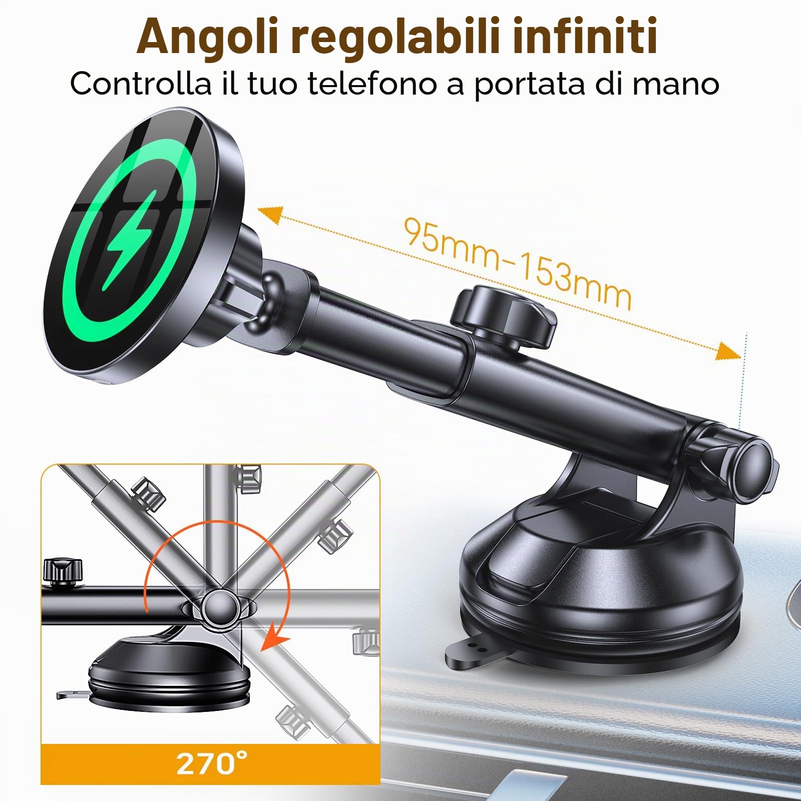 Supporto per auto Magsafe con funzione di ricarica, 100% stabile: 15 W, supporto per cellulare auto MagSafe, caricatore per auto, senza fili, magnetico per iPhone Air 17, 16, 15, 14