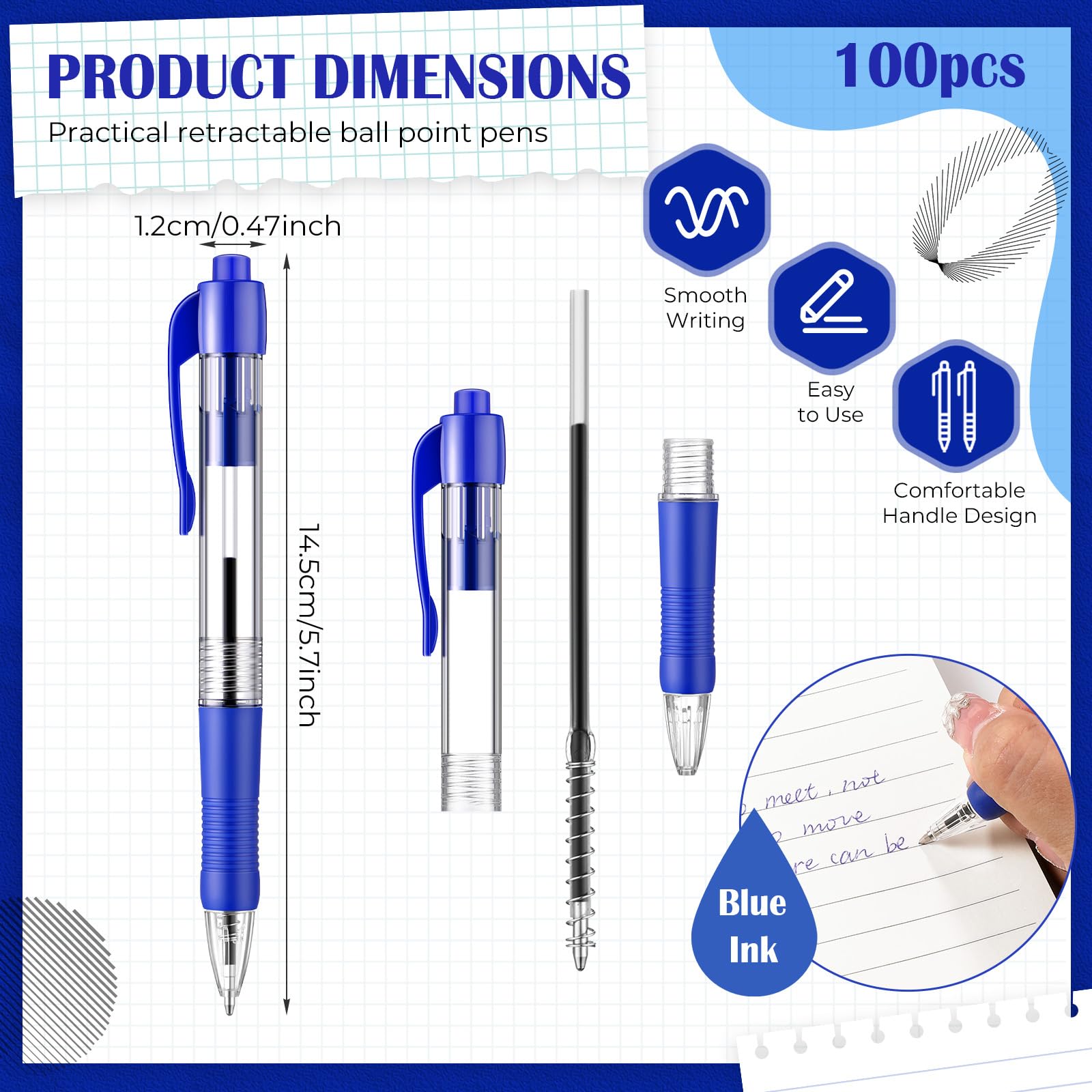 Fulmoon 100 bolígrafos de tinta retráctiles, punta media de 1,0 mm, bolígrafos de escritura suave, bolígrafos de clic para escribir diarios, escuela, oficina, hogar (tinta azul)