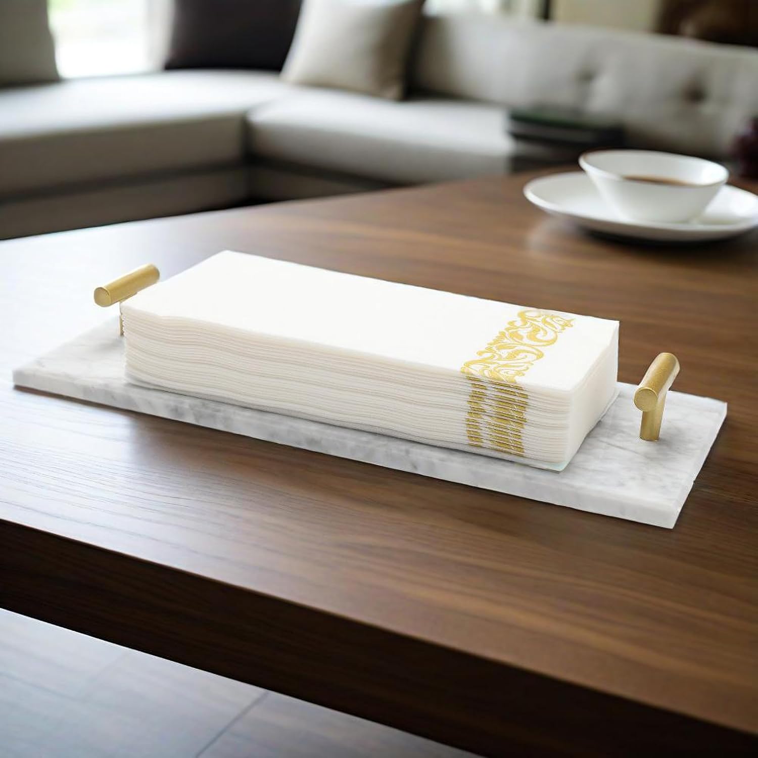 Napkin Holder - Guest Towel Holder for Bathroom - Marble Paper Towel Holder - Hand Towel Tray with Gold T-Handle(11.8x4.7x1.7 Inchs) - Image 6