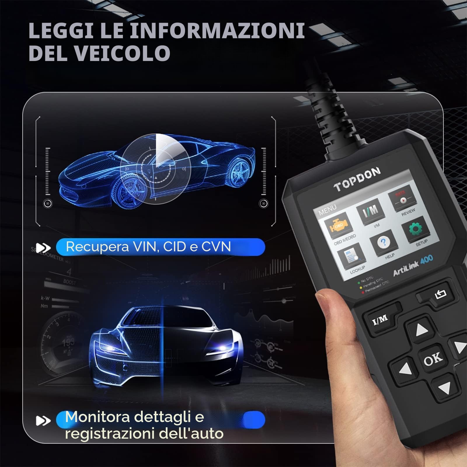 TOPDON Lettore di codici OBD2 AL400, 10 funzioni OBD2, spia del motore del controllo, test delle emissioni, test del sensore O2, EVAP, aggiornamento gratuito a vita