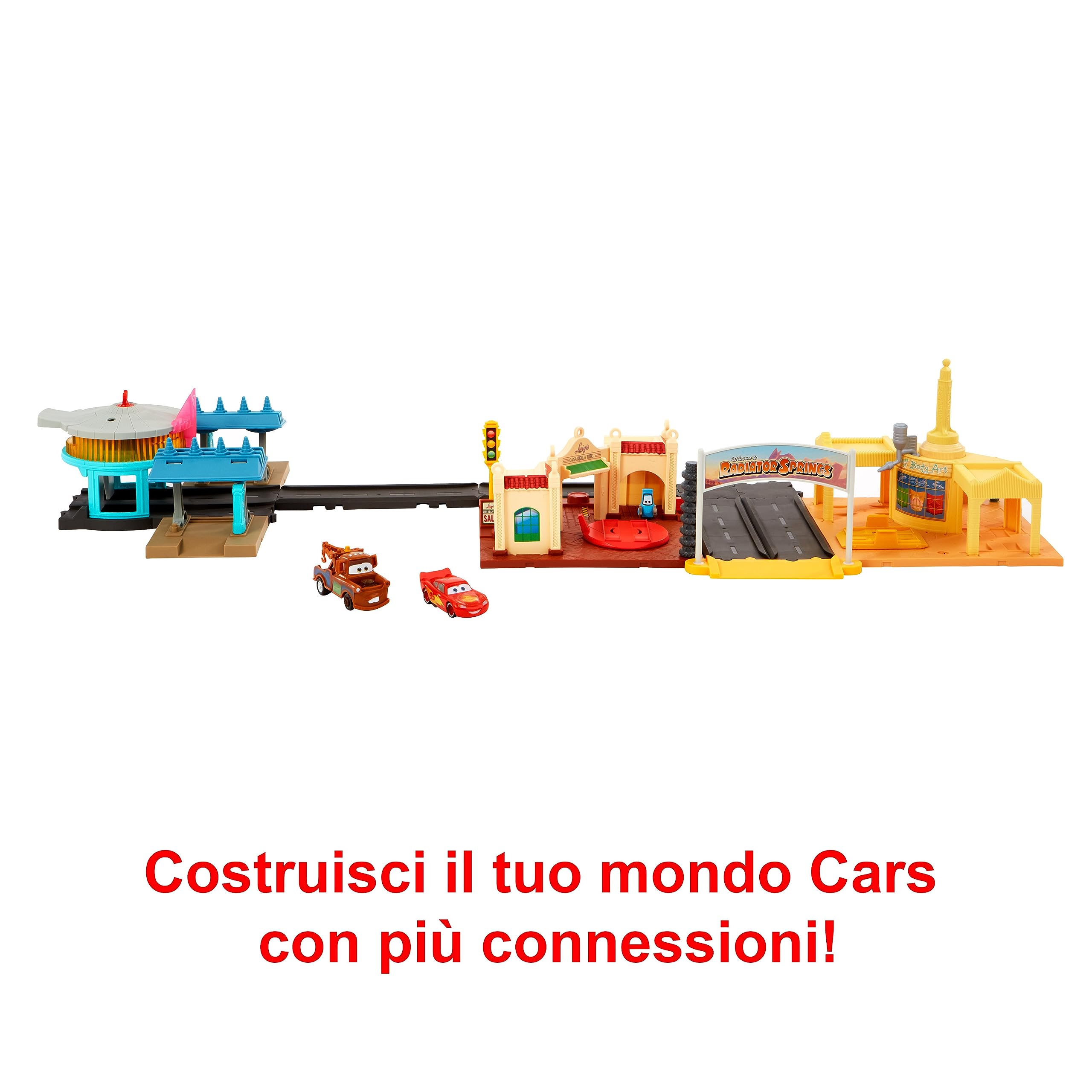 Disney Pixar Cars On The Road - Visita a Radiator Springs, playset dei luoghi del film, con 2 veicoli Saetta McQueen e Cricchetto, conto alla rovescia luminoso, giocattolo per bambini, 4+ anni, HGV68