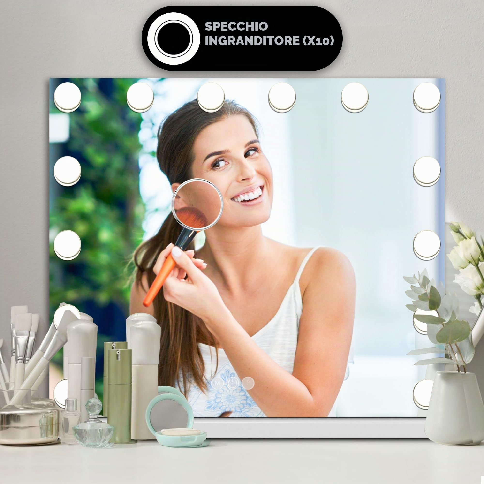 Bayt Specchio Trucco con luci LED – Specchio Hollywood Bianco 50x40 cm con 14 Lampadine Dimmerabili, 3 Tonalità di Luce (calda, fredda, naturale), Touch Screen & Specchietto Ingranditore 10x