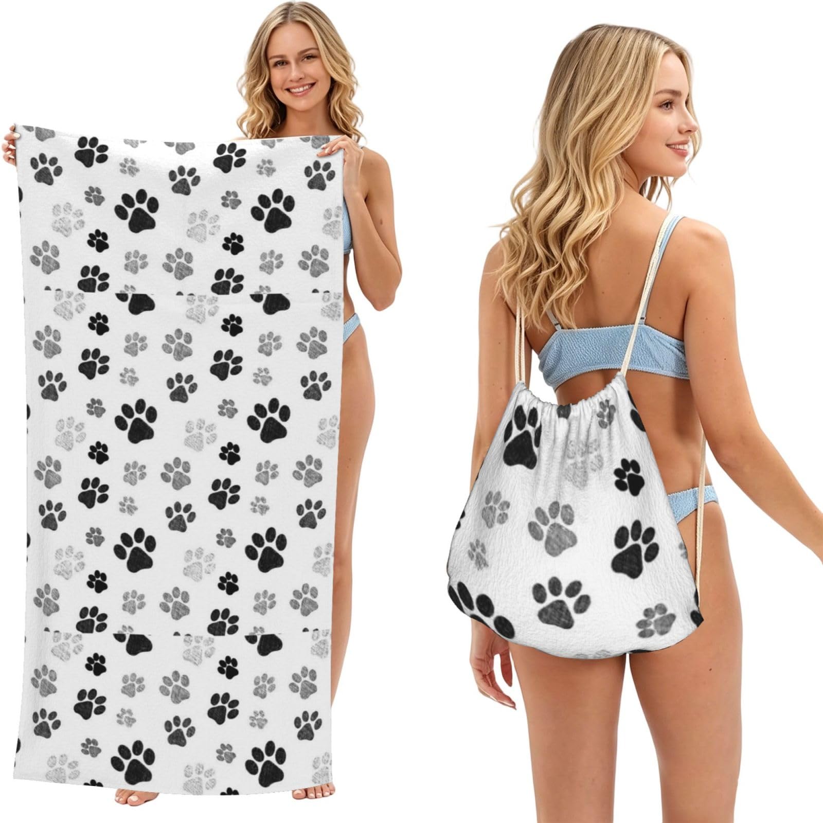 Poadnly As Picture Dog Paw Print, 2 In 1 Packable Towel Bag, Beach Towels With Drawstring Backpack For Travel Holiday Camping