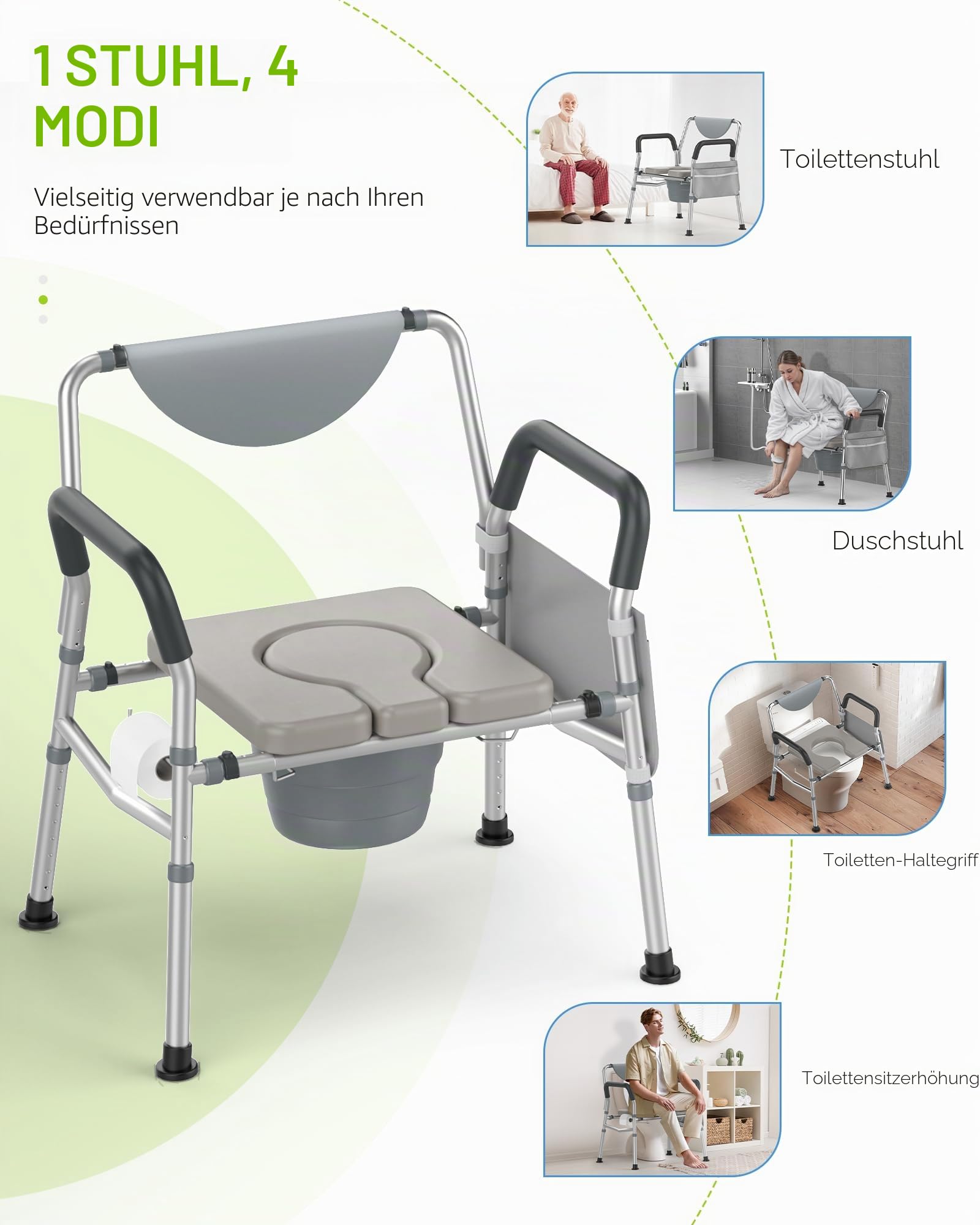 Heavy Duty Bariatric Commode, 4-in-1 Tragbare Nachtkommode oder Über-Toilettenstuhl, extra breit | Höhenverstellbar | Leicht zu reinigen, Handicap Toilettenstuhl für ältere Menschen mit