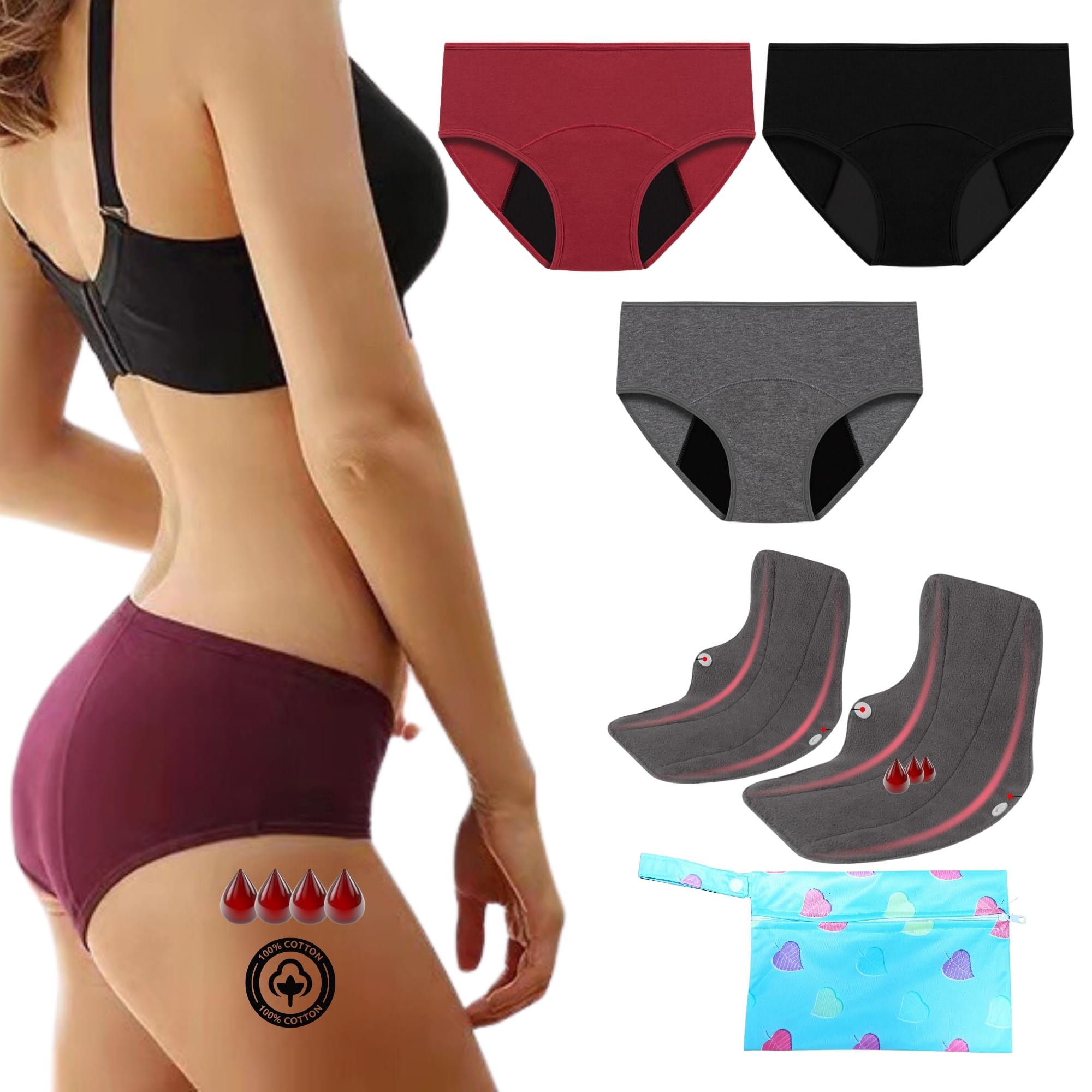 NUBE ROJA Bragas Menstruales Flujo Abundante, Pack de Periodo Menstrual, Bragas Postparto Mujer, Absorbentes, Lavables, Cómodas y Transpirables, Pack de 3 Bragas menstruales 2 compresas y Bolso
