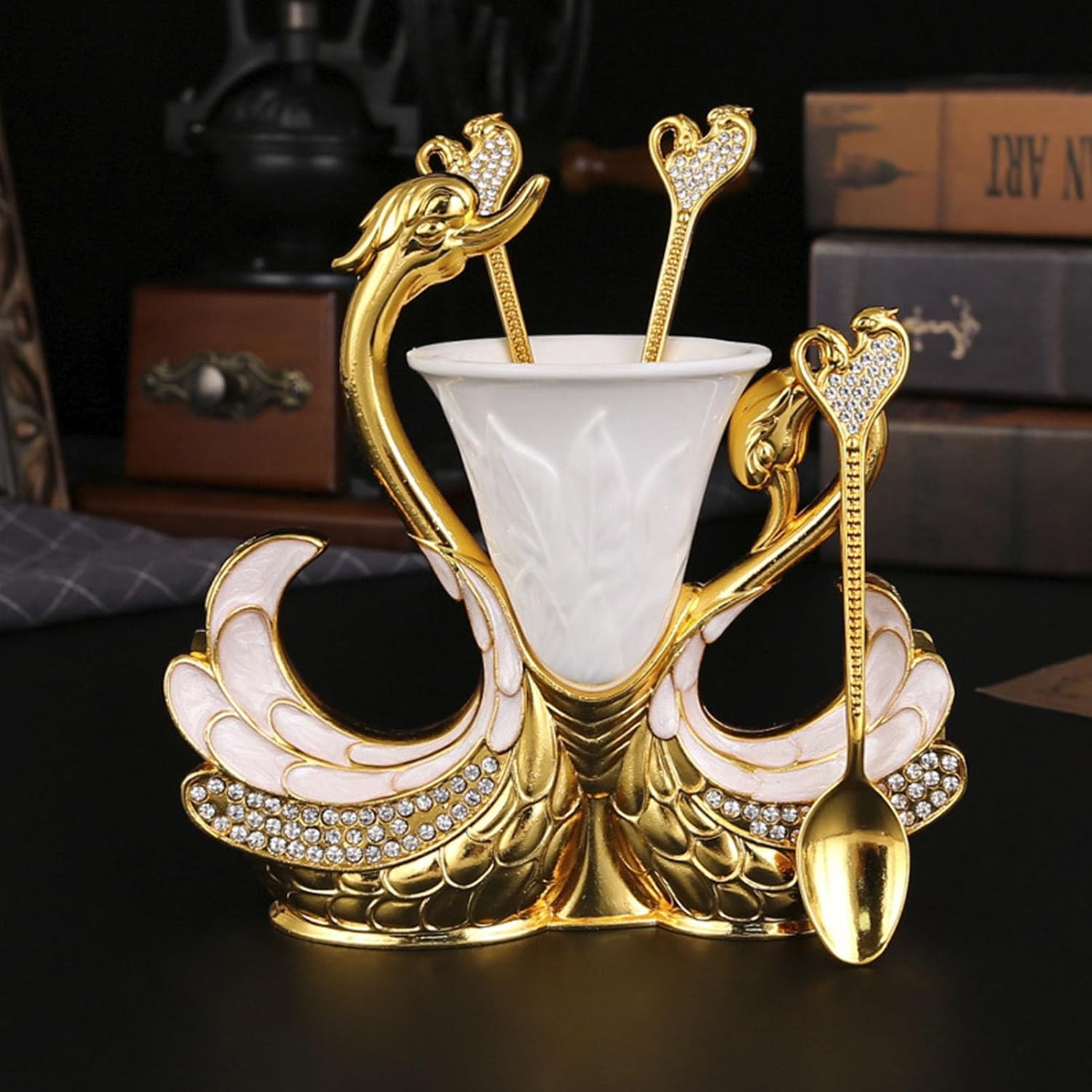 Zerodis Decorative Gold Swan Base Holder with 6pcs Coffee Spoon Set, Light Luxury Exquisite Coffee Spoon Set Delicate Tea Spoon for Coffee Fruit Dessert Ice Cream Cake (Golden)