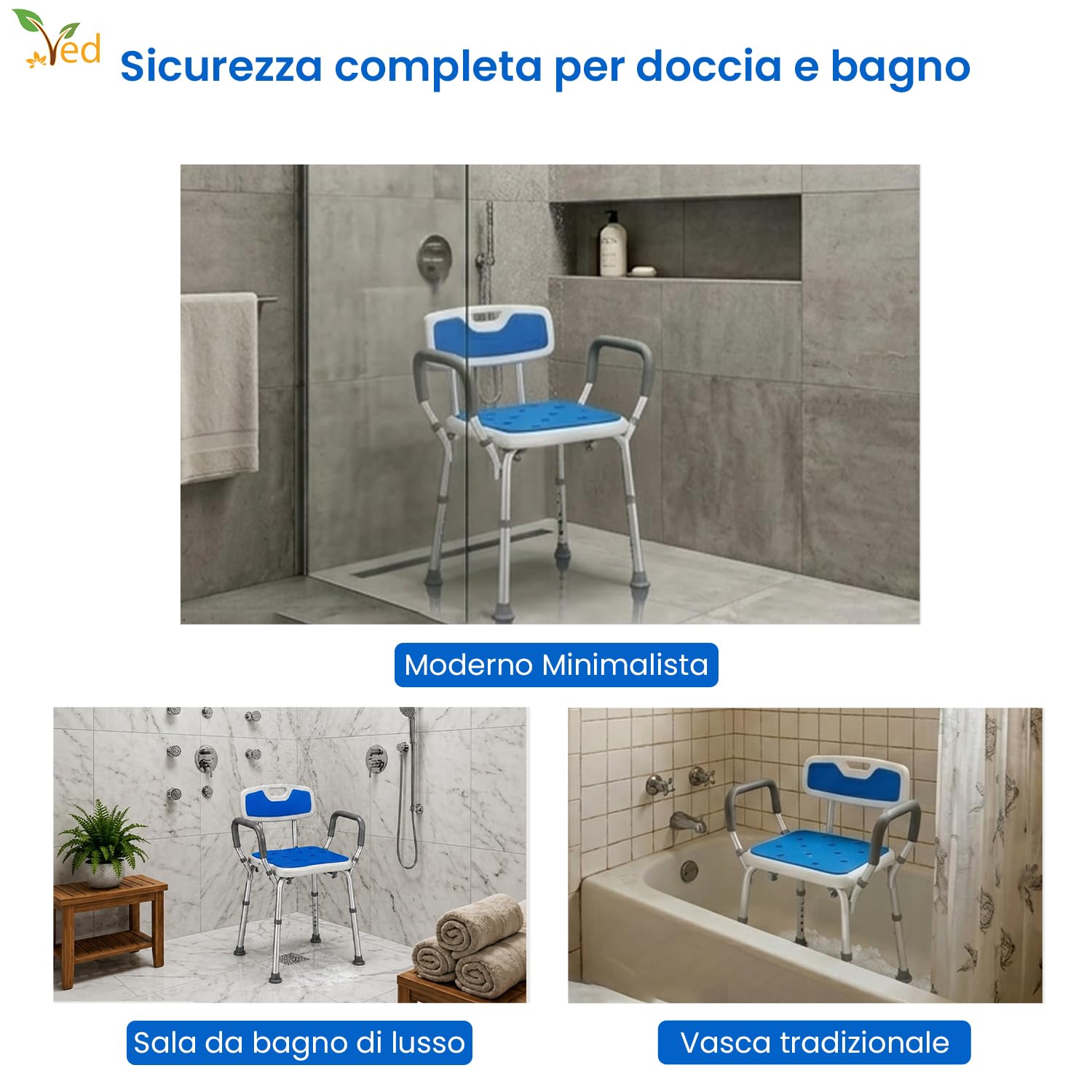 VED Sedia da Doccia Regolabile in 6 Altezze con Braccioli Imbottiti e Piedini Antiscivolo per Anziani, Disabili e Donne Incinte, Capacità 150 kg