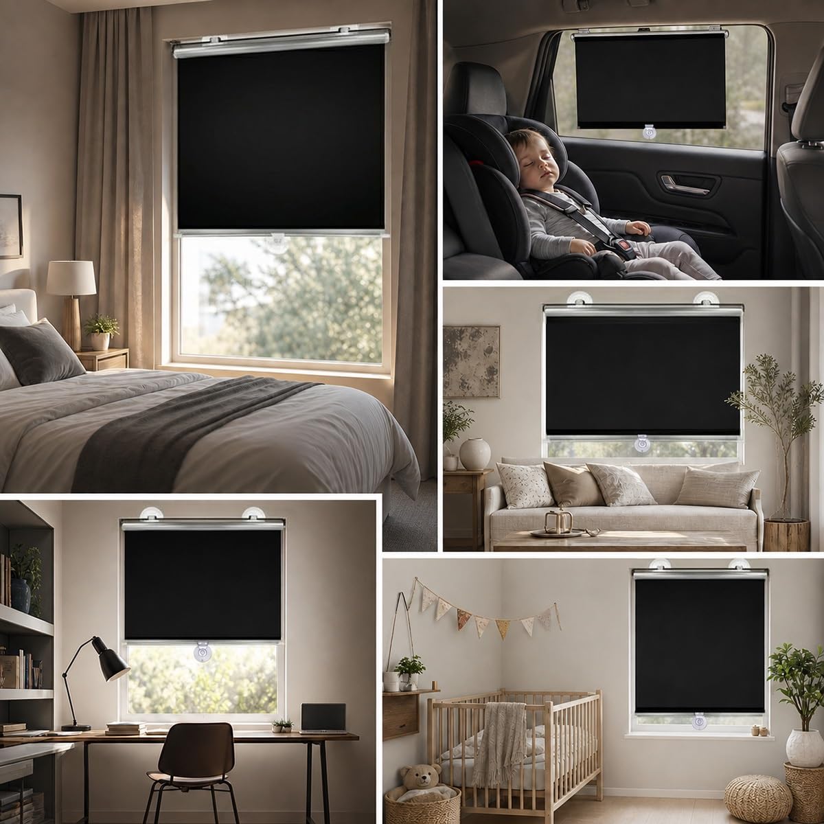 Estores Enrollables Sin Taladrar Persiana Enrollable con Ventosa, Cortinas Blackout Protección UV, Estor Enrollable Opaco Portátil Persianas Temporales para Ventanas Coche Baño(60 A x 180 H cm)