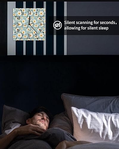 Miniatura 6 de Daisy Flower Wooden Wall Clock Silent Non Ticking, Spring Fall Rustic Floral Botanical Blue Square Wall Clock Battery Operated, Decor Clock for Home