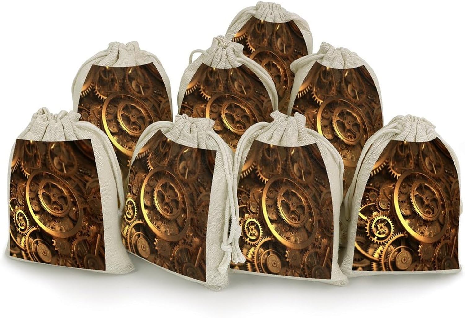 VstaDank Cool Steampunk Gears Small Burlap Bags with Drawstring 5x7 Inch Jute Bag Reusable Cotton Linen Gift Bags Beautiful Jewelry Pouches Sacks for Wedding,Party, Valentine Decor, 8Pcs