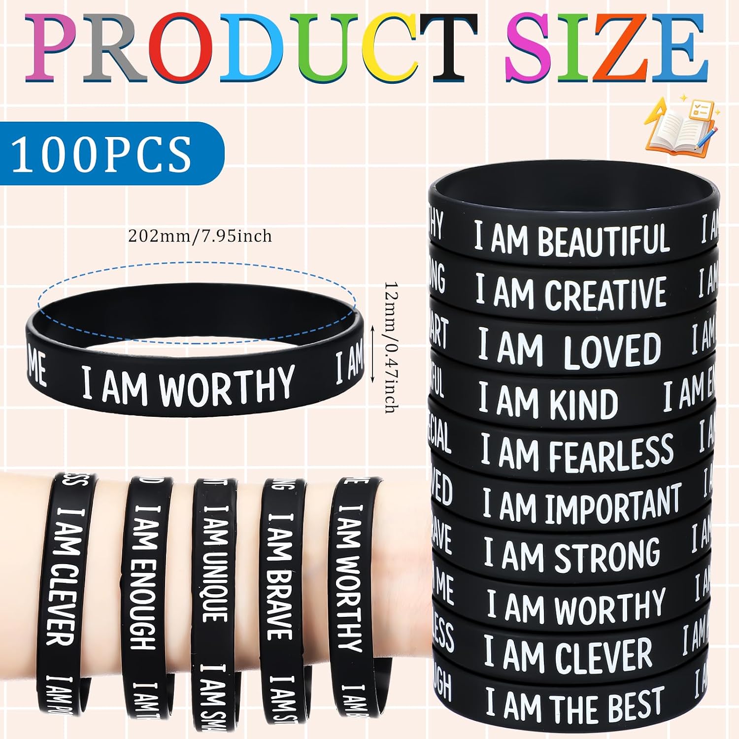 100 Pcs Motivational Silicone Wristbands Bulk for Students | Inspirational Quote Wristbands, Black Silicone Bracelets for Student Rewards, Classroom Recognition and Teacher Gifts