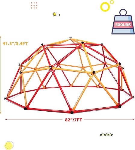 Miniatura 7 de Escalador de cúpula geométrica, juego para niños pequeños al aire libre, gimnasio de jungla para exteriores, soporta 500 libras (rojo + amarillo, 7