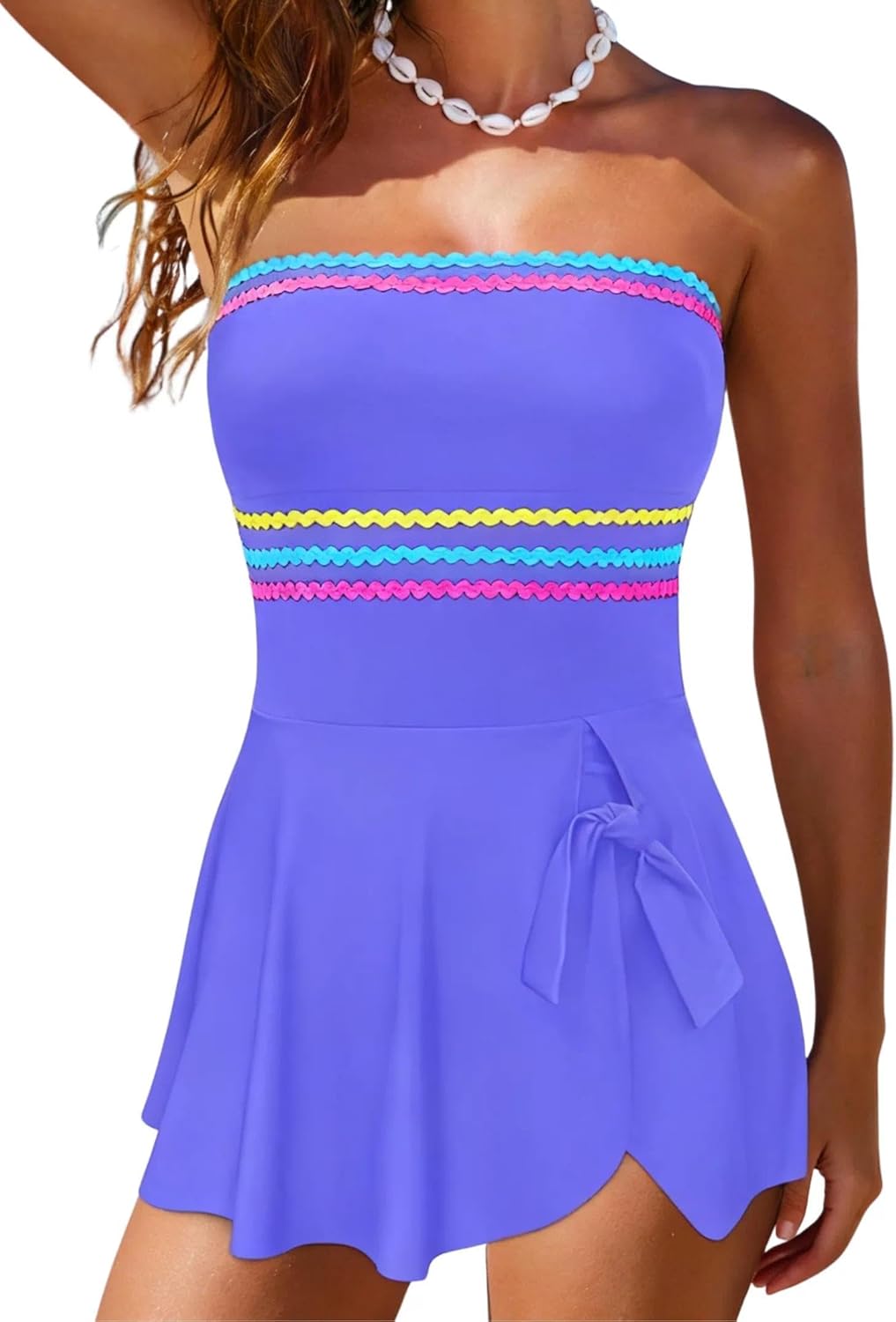 popvil Strapless One Piece Swimsuits for Women 2026 Tummy Control Swim Dress Bandeau Bathing Suit with Colorful Trim Cute Bow