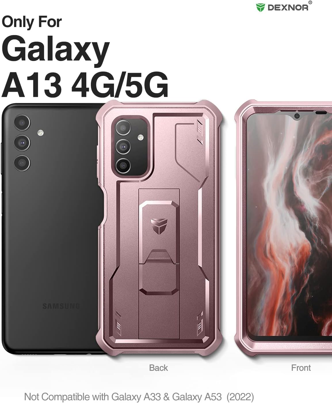 Dexnor for Samsung Galaxy A13 5G Case, [Built in Screen Protector and Kickstand] Heavy Military Grade Protection Shockproof Protective Cover for Samsung Galaxy A13 5G (Peony Pink)