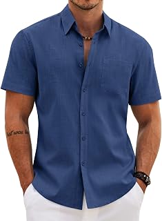 COOFANDY Men's Button Down Short Sleeve Shirt Casual Cotton Summer Beach Wedding Linen Shirts with Pocket