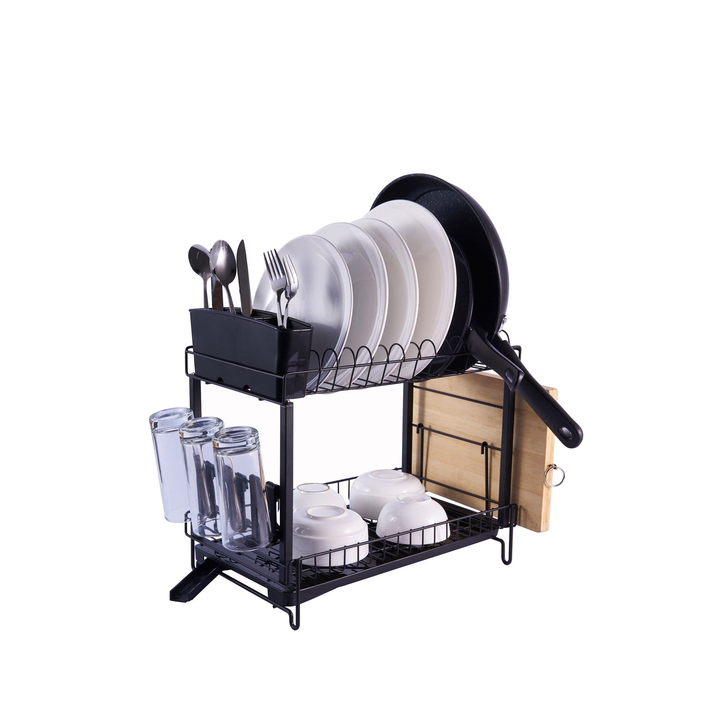 Dish Rack with Drainer, YP 2 Tier Dish Drying Stand for Kitchen Counter, Dish Drainer with 3 Cups Holder and Cutting Board Holder, Black