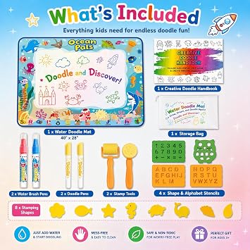 Water Doodle Mat for Kids, Large 40 x 32 Aqua Magic Reusable Drawing Mat, Mess Free Coloring & Writing Toy, Educational Gift for Toddlers Boys Girls