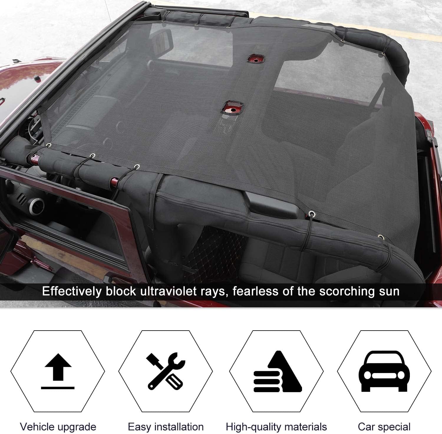Sunshade Mesh Sun Shade Top UV Protection Exterior Accessories for Jeep Wrangler JK 2 Door 2007-2017,Extended Style