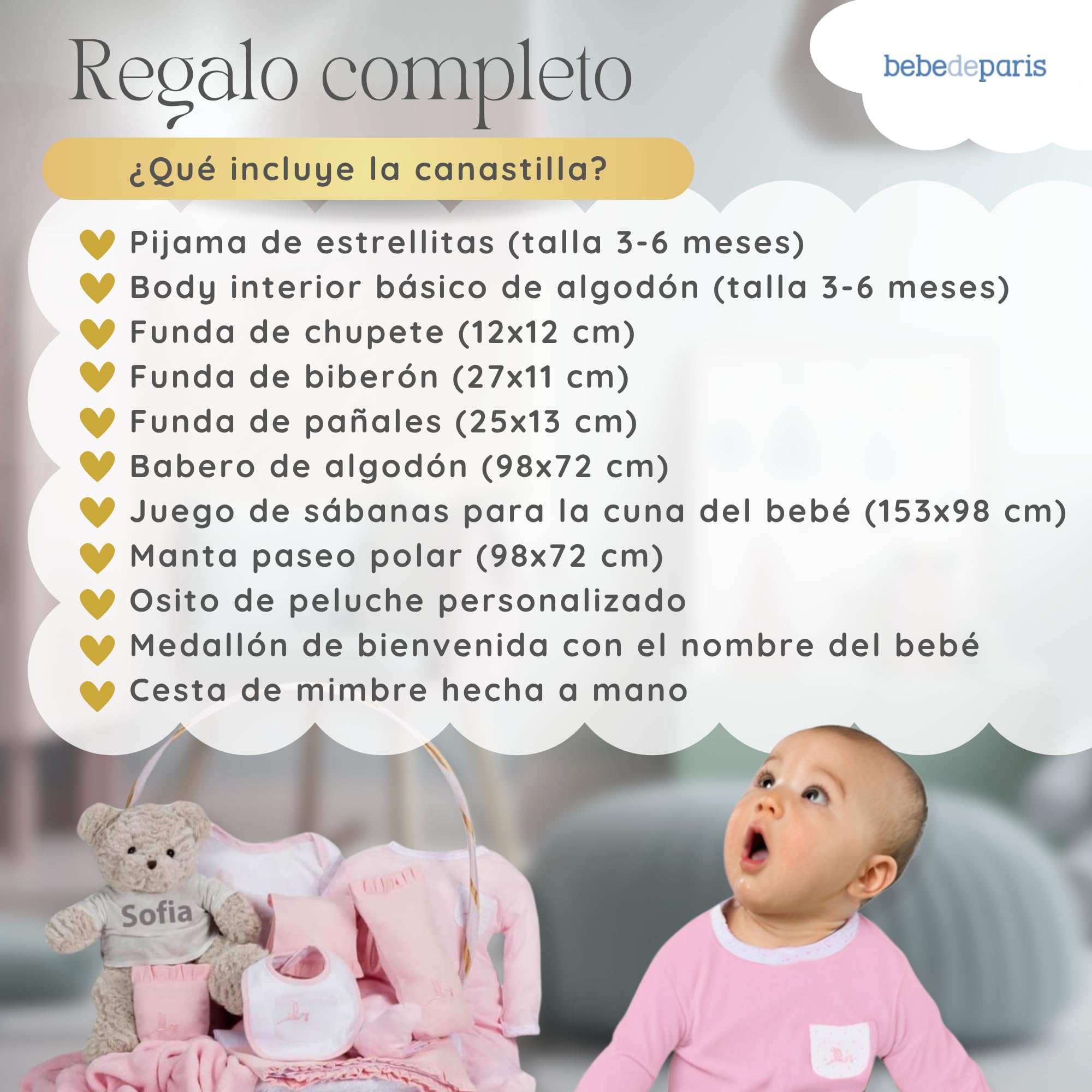 Regalos para Bebes Recien Nacidos Personalizados | Canastilla Bebé Clásica | Cesta de Regalo Bebé Personalizada | 3 a 6 Meses (Rosa) | BebeDeParis