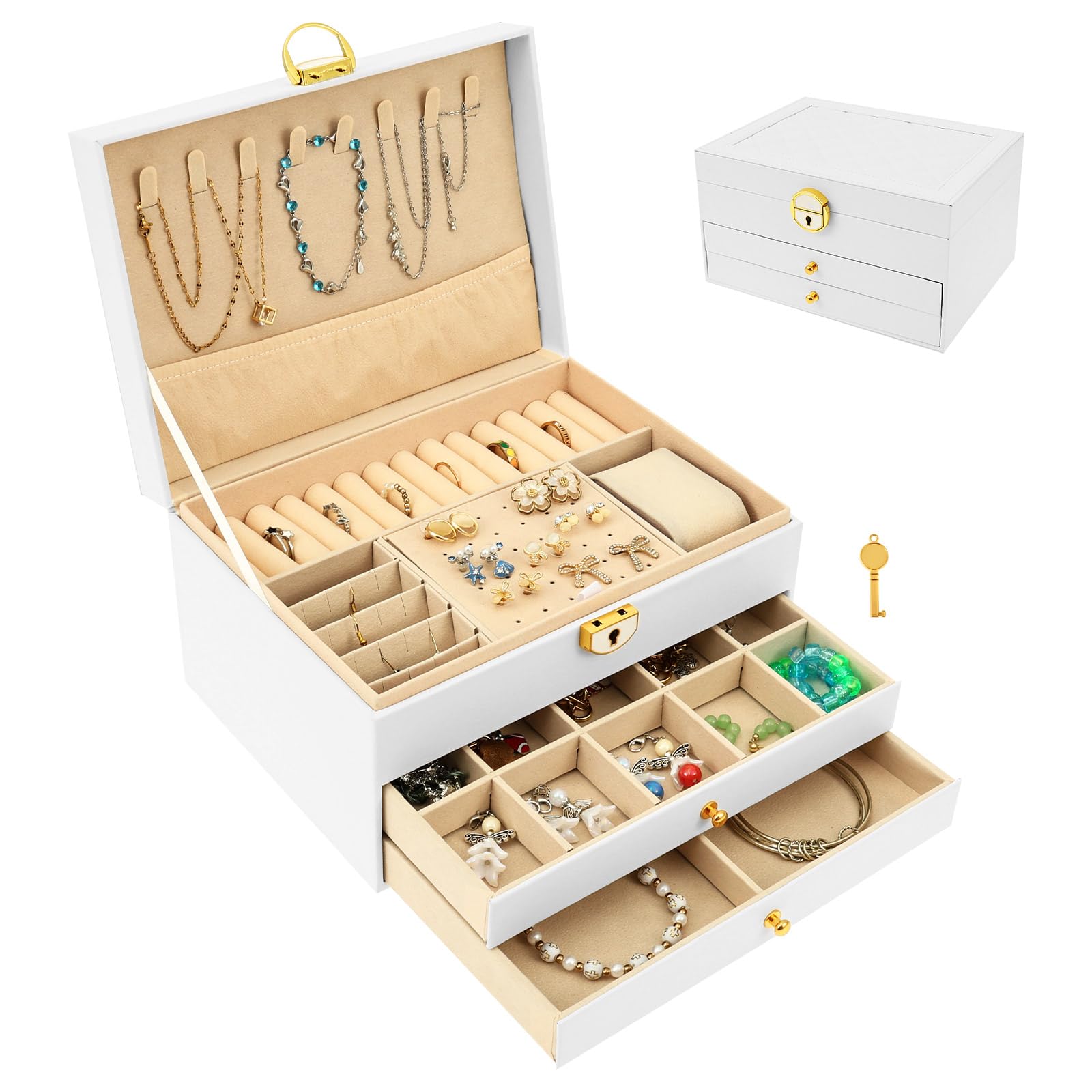 Boîte à bijoux triple niveau avec tiroirs et doublure velours protectrice