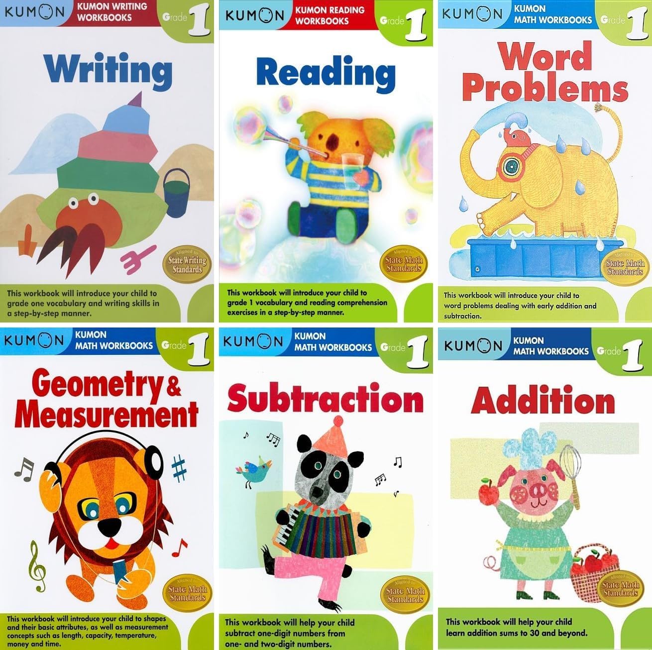 Kumon Grade 1 Complete Set (6 Workbooks) - Addition, Subtraction, Geometry&Measurement, Word Problems, Reading, Writing