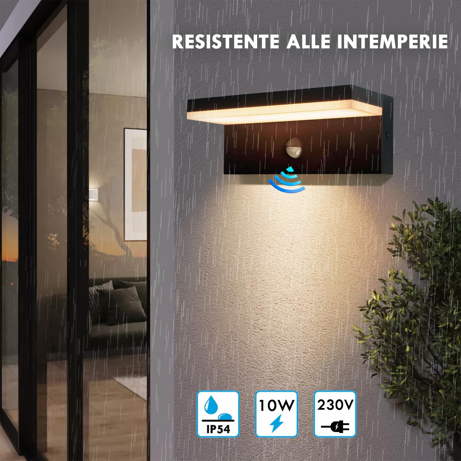 Planetitaly - Applique da Esterno LED 10W, Faretti Applique da Parete Lampada da Muro Colore Nero Design Moderno, Sensore di Movimento con Crepuscolare, Luce Resa 100W, Protezione IP54, 230V (CCT)