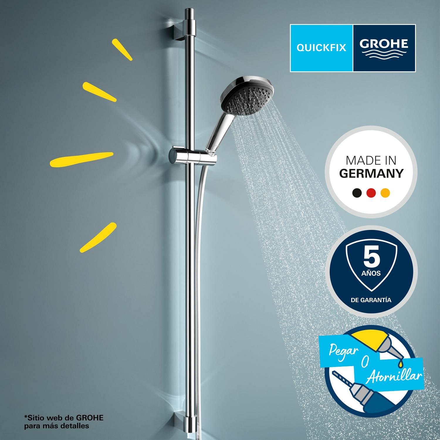 GROHE Vitalio 110 – Conjunto de ducha 14l/min (Barra 90cm, Teleducha 2 chorros, Flexo 1,75m, montaje para pegar o taladrar, sin pegamento), Cuadrado, Cromo, 26931001