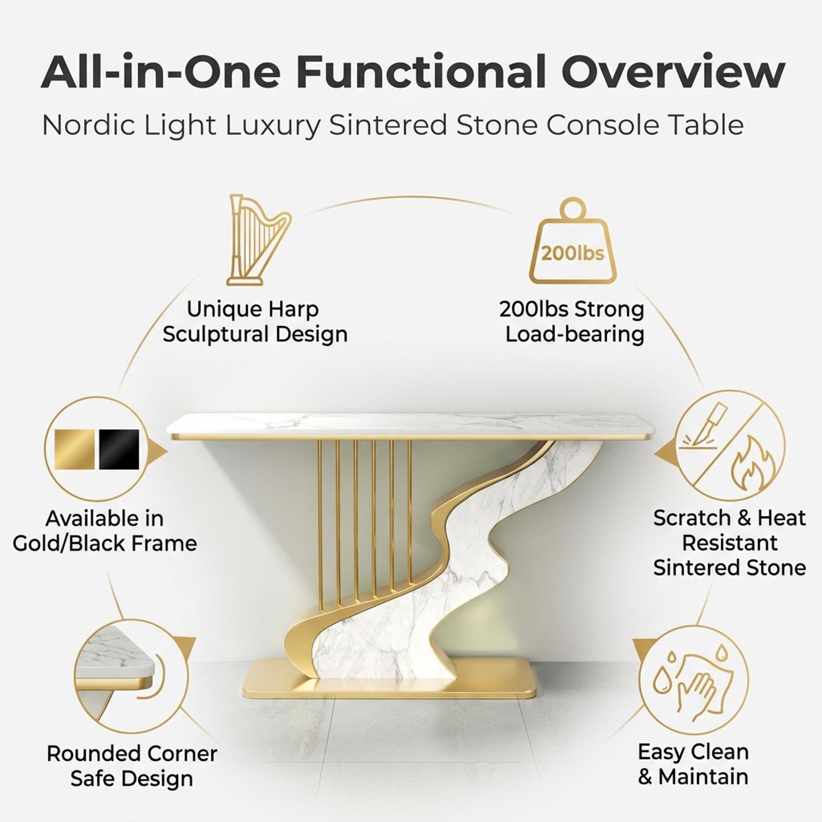 Contemporary Half Moon Narrow Console Table, Luxury Accent Sofa Table