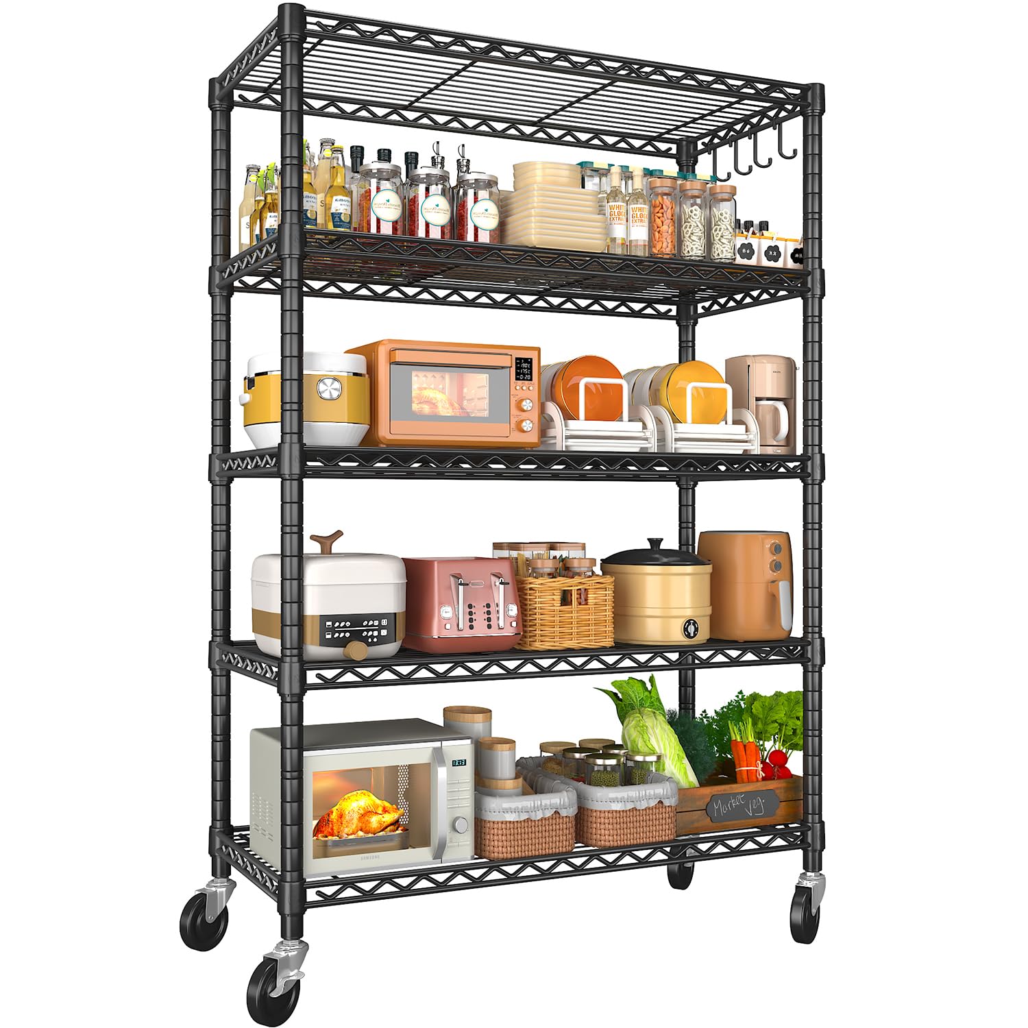 Mapleyard 91x36x180cm 5-Tier Heavy Duty Metal Shelf Rack with Wheels Black