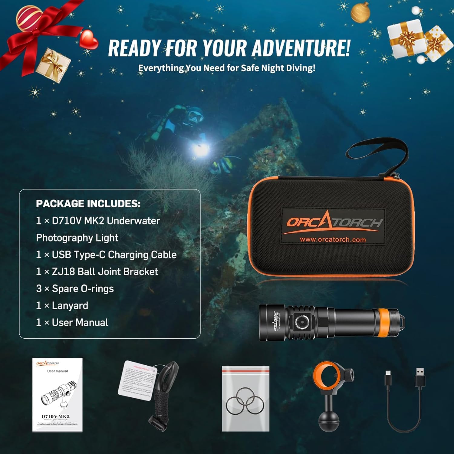ORCATORCH D710V MK2 Torcia Subacquea, 2300 lumen Luci subacquee 3in1 (Bianca +UV+Rossa) per Fotografia e Video Subacquei, IP68 Impermeabile, per 150M Immersioni Notturne, Wreck, Campeggio