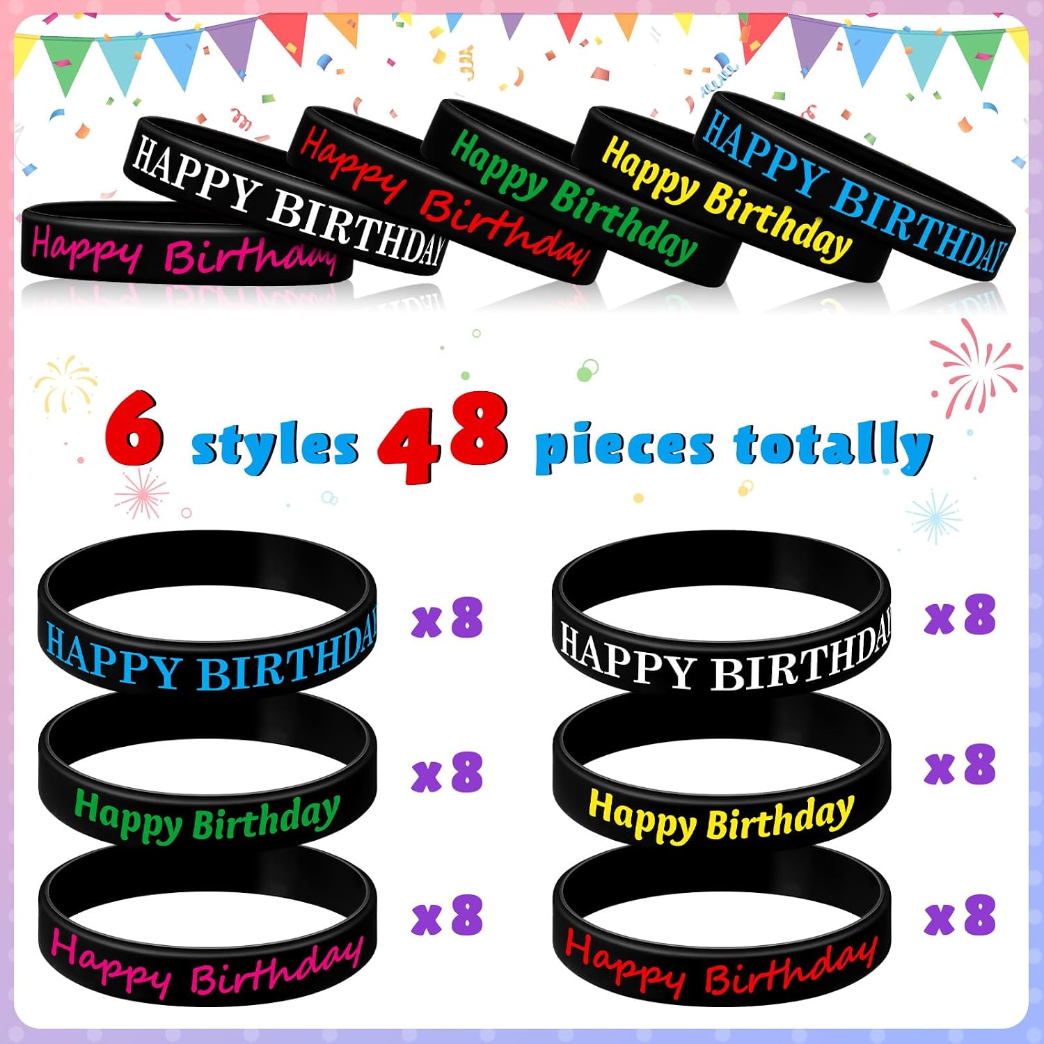BBTO 48 Pieces Happy Birthday Rubber Bracelets Silicone Stretch Wristbands Colored Silicone Bracelets for Birthday Party Supplies