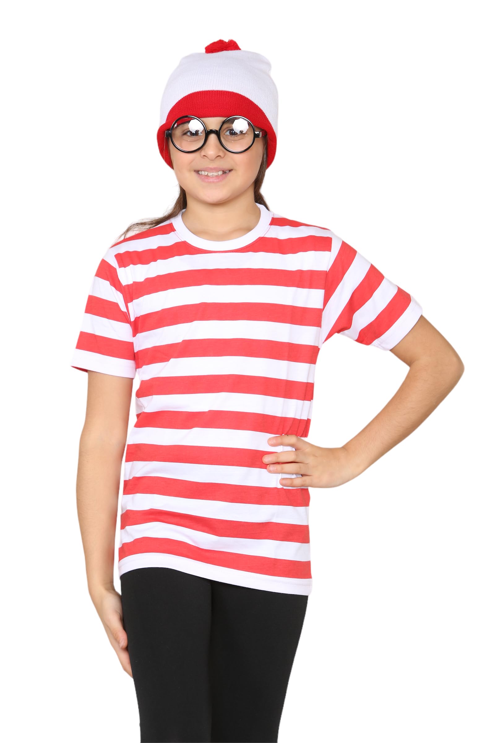 Grunge Wear® Boys Girls Red and White Round Neck T-Shirt Hat Glasses Set - Kids Book Week Fancy Dress Costume Outfit (7-8 Years)