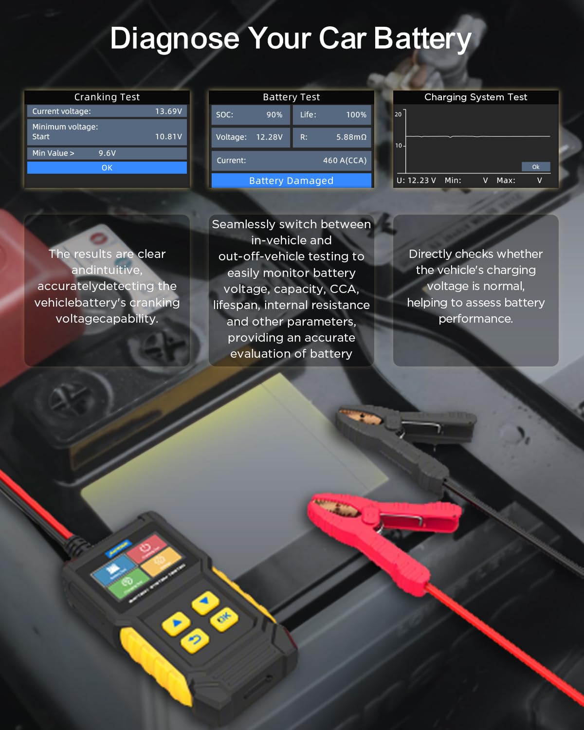AUTOOL Comprobador de Baterias de Coche, Comprobador de Baterias 12V/24V, 30-2000 CCA, Prueba de Arranque del Motor y Prueba del Sistema de Carga para Motocicleta Automóvil SUV Barco