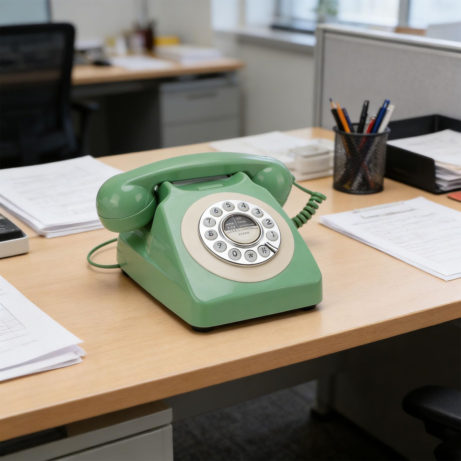 Fockety Telefon Stacjonarny w Stylu Retro, Klasyczny, Staromodny Przewodowy Telefon Stacjonarny z Lat 60. XX w., Zabytkowy Obrotowy z funkcją Ponownego Wybierania Numeru (ciemnozielony)