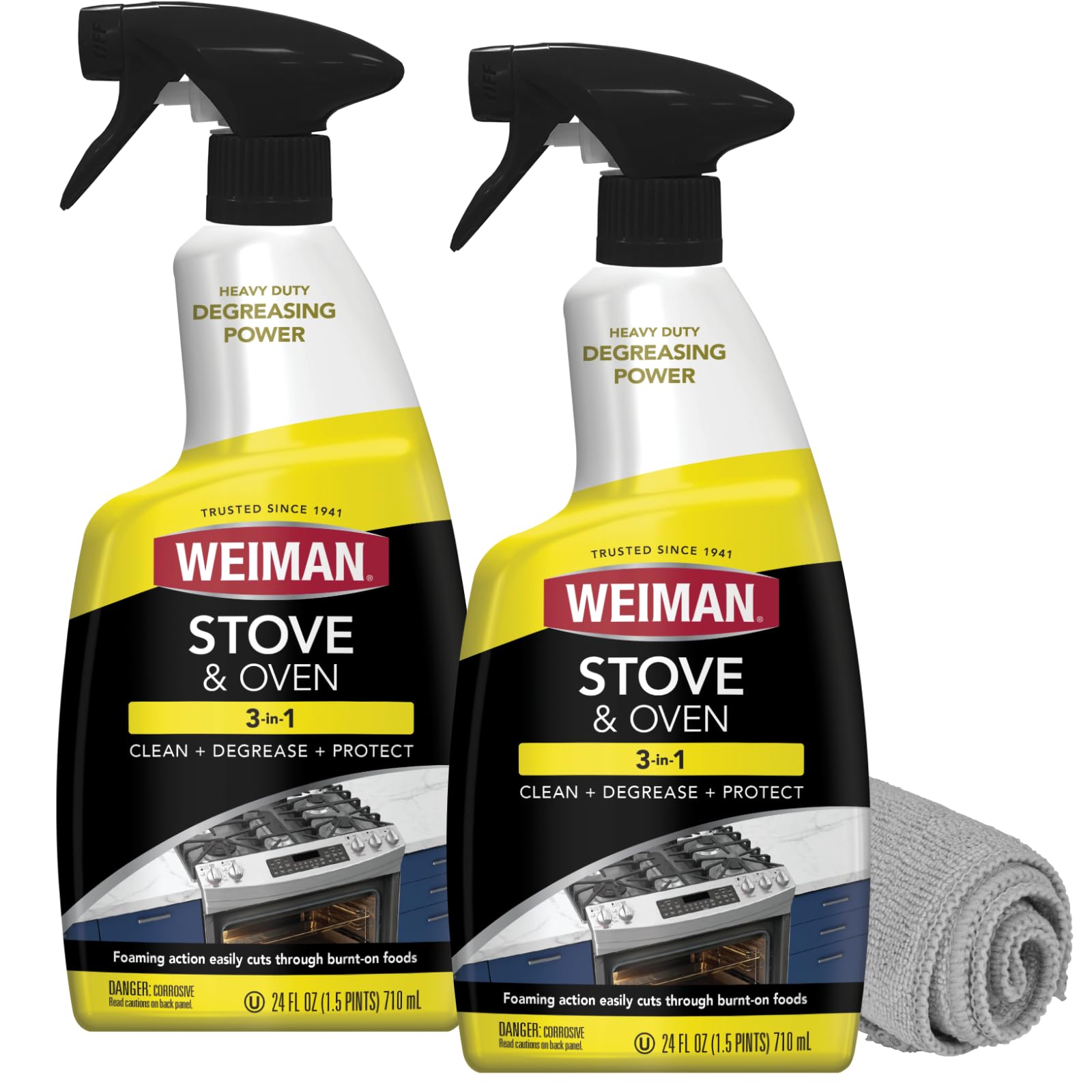 Weiman Heavy Duty Stove and Oven Cleaner and Degreaser for Glass, Ceramic Cooktops, BBQ grill grates - 2 Pack, 24 Oz w/MicroFiber Towel 470 ml (Pack of 3)